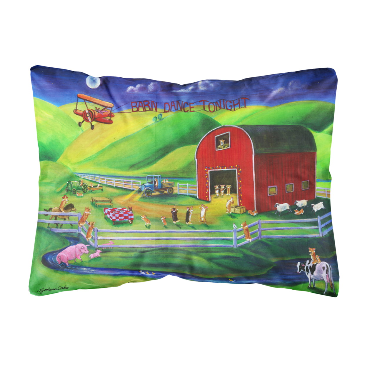 Corgi Barn Dance Fabric Decorative Pillow