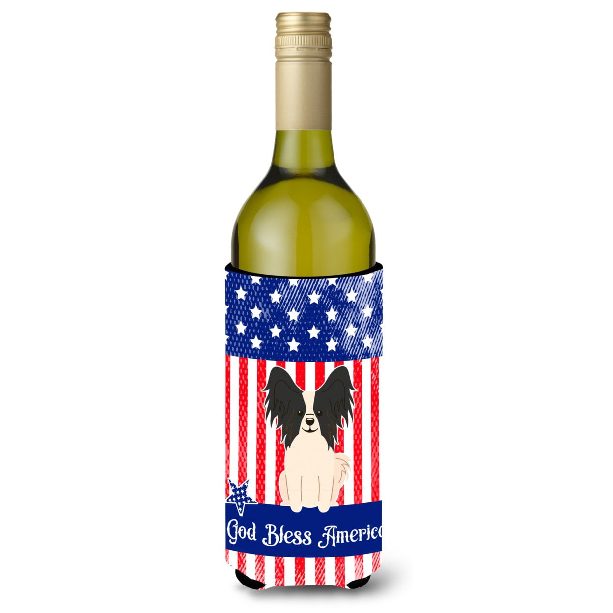 Patriotic USA Papillon Black White Wine Bottle Beverge Insulator Hugger