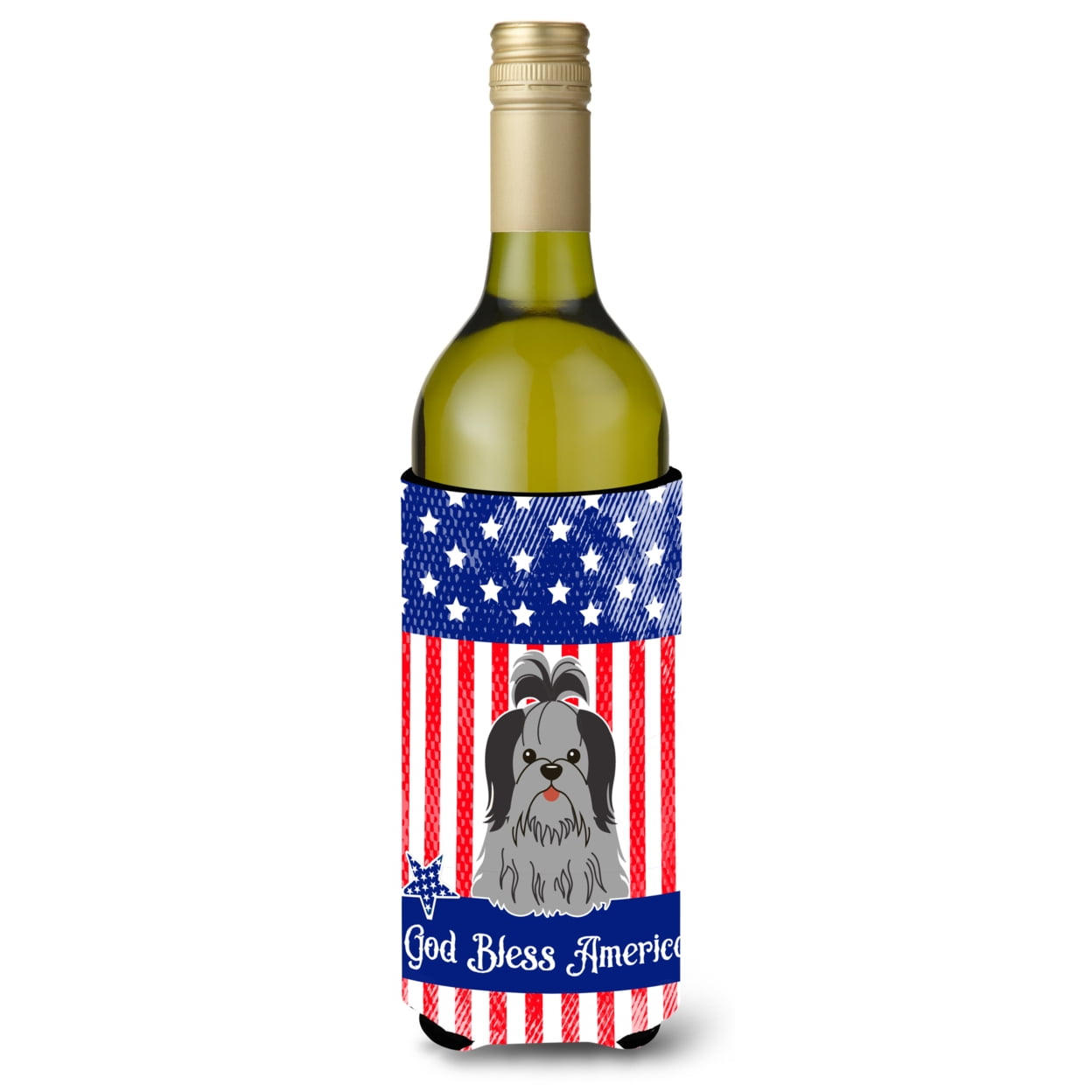 Patriotic USA Shih Tzu Black Silver Wine Bottle Beverge Insulator Hugger