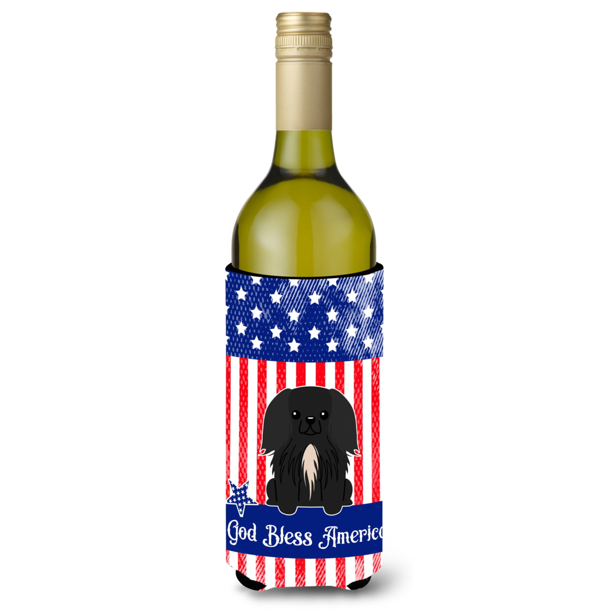 Patriotic USA Pekingnese Black Wine Bottle Beverge Insulator Hugger