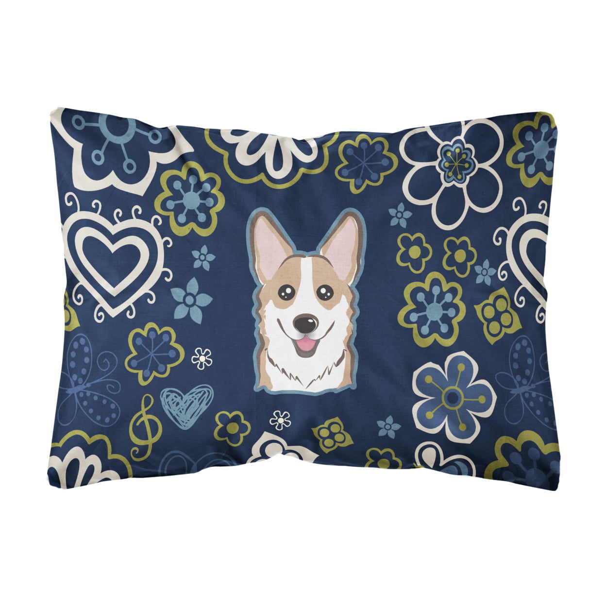 Blue Flowers Sable Corgi Canvas Fabric Decorative Pillow