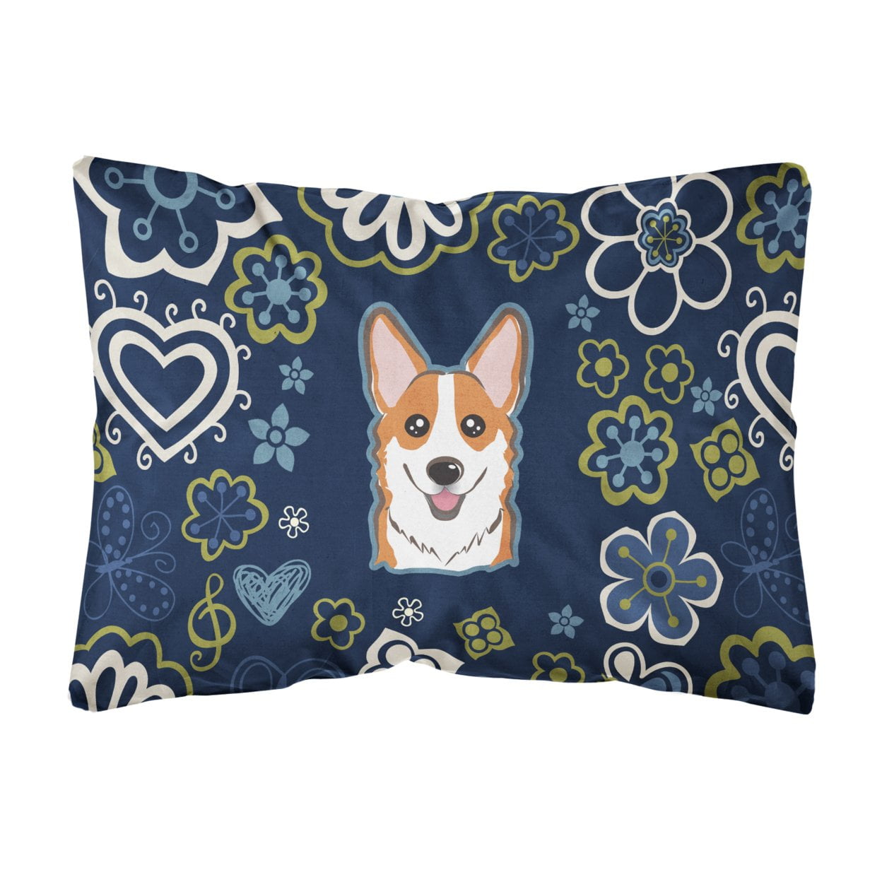 Blue Flowers Red Corgi Canvas Fabric Decorative Pillow