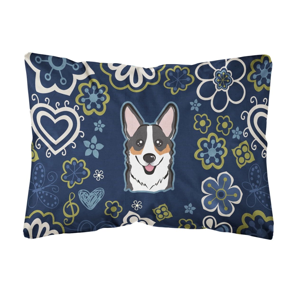 Blue Flowers Tricolor Corgi Canvas Fabric Decorative Pillow