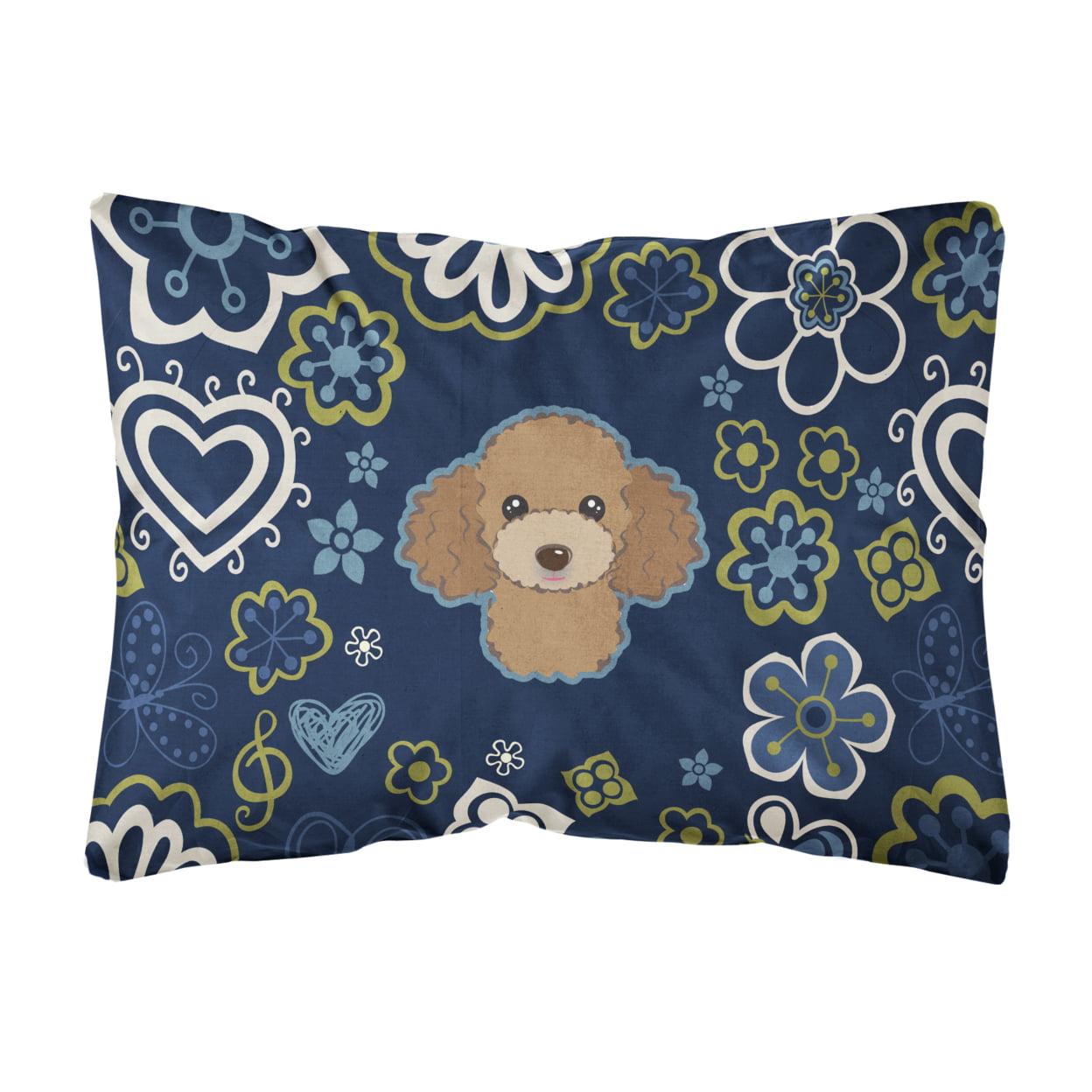 Blue Flowers Chocolate Brown Poodle Canvas Fabric Decorative Pillow
