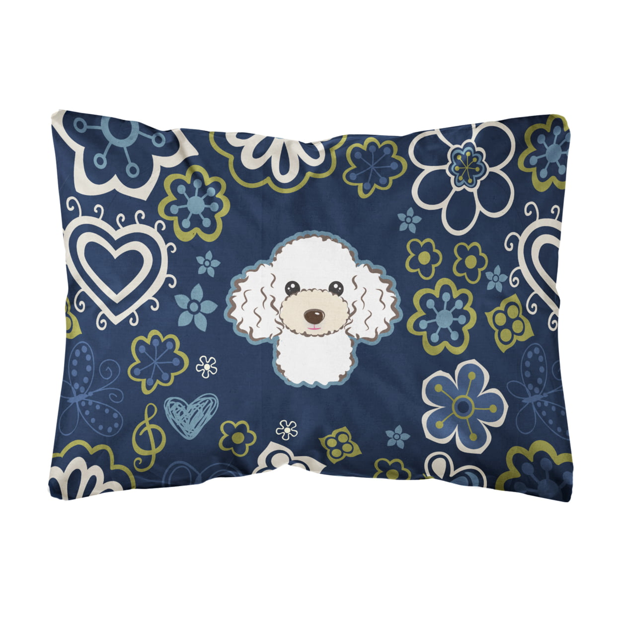 Blue Flowers White Poodle Canvas Fabric Decorative Pillow