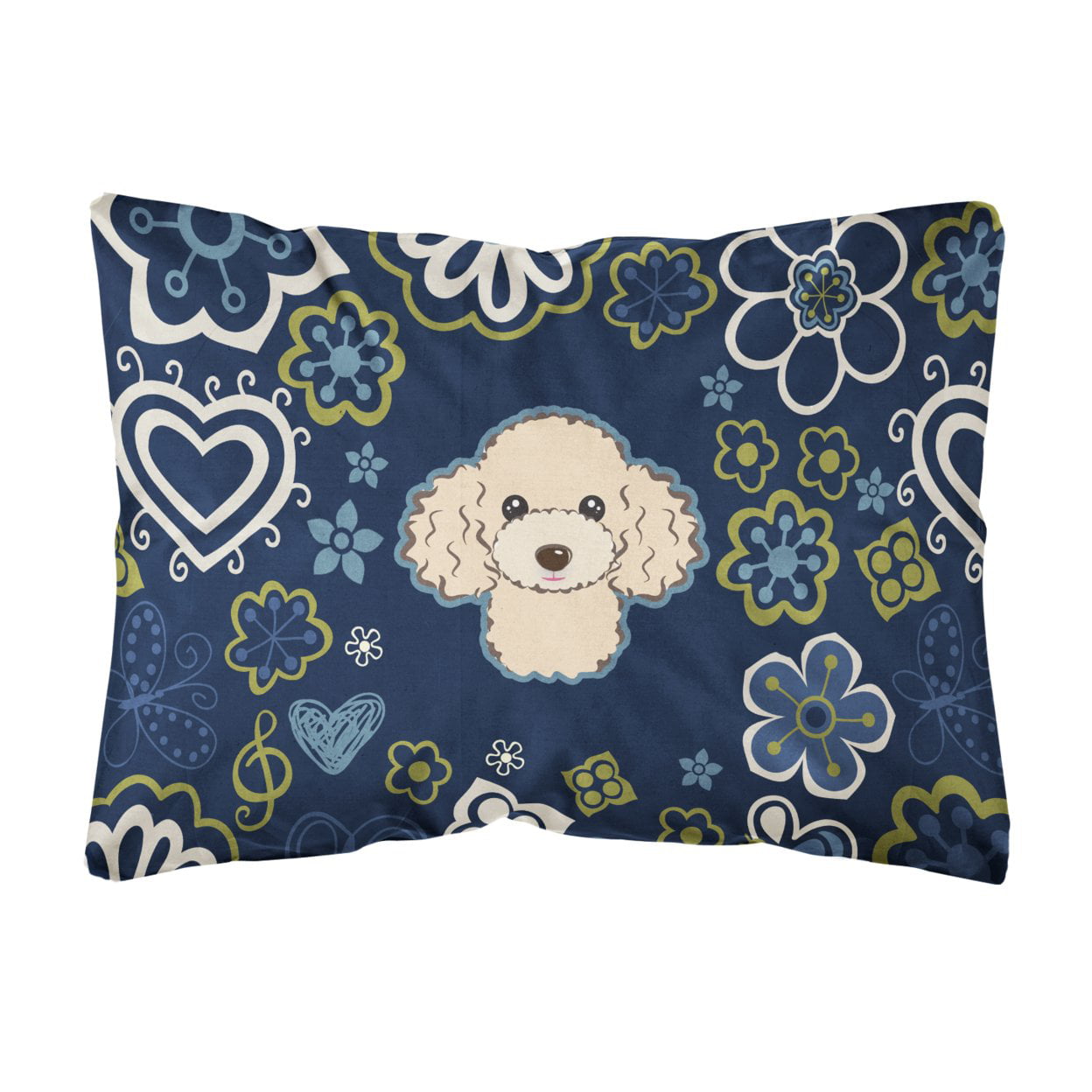 Blue Flowers Buff Poodle Canvas Fabric Decorative Pillow