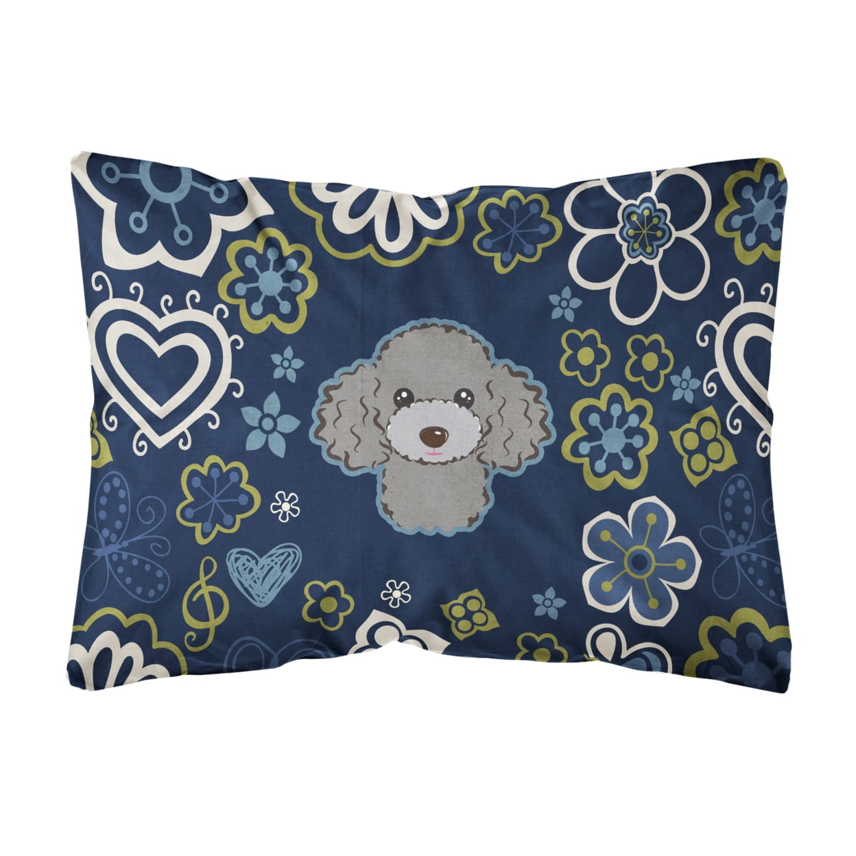 Blue Flowers Silver Gray Poodle Canvas Fabric Decorative Pillow