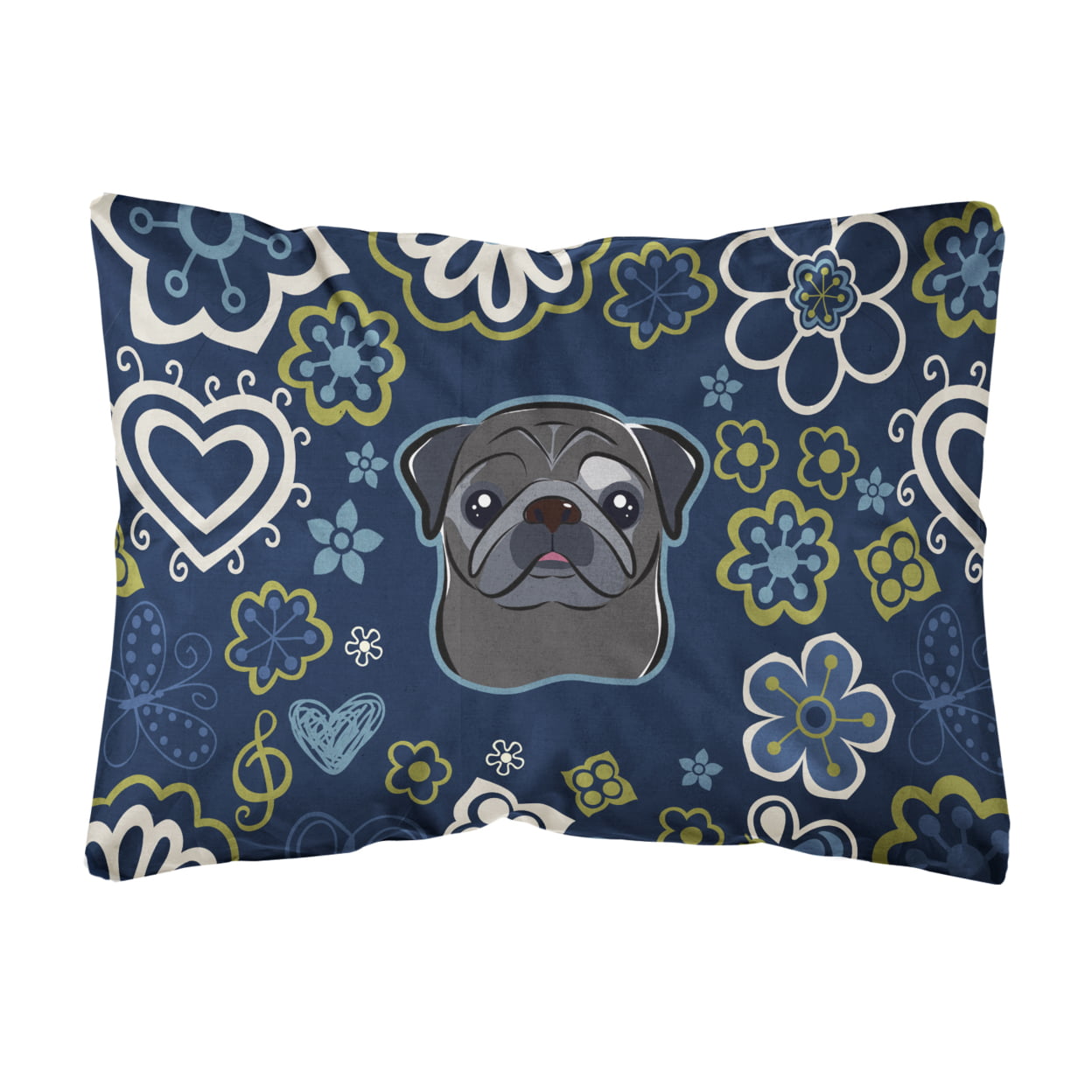 Blue Flowers Black Pug Canvas Fabric Decorative Pillow