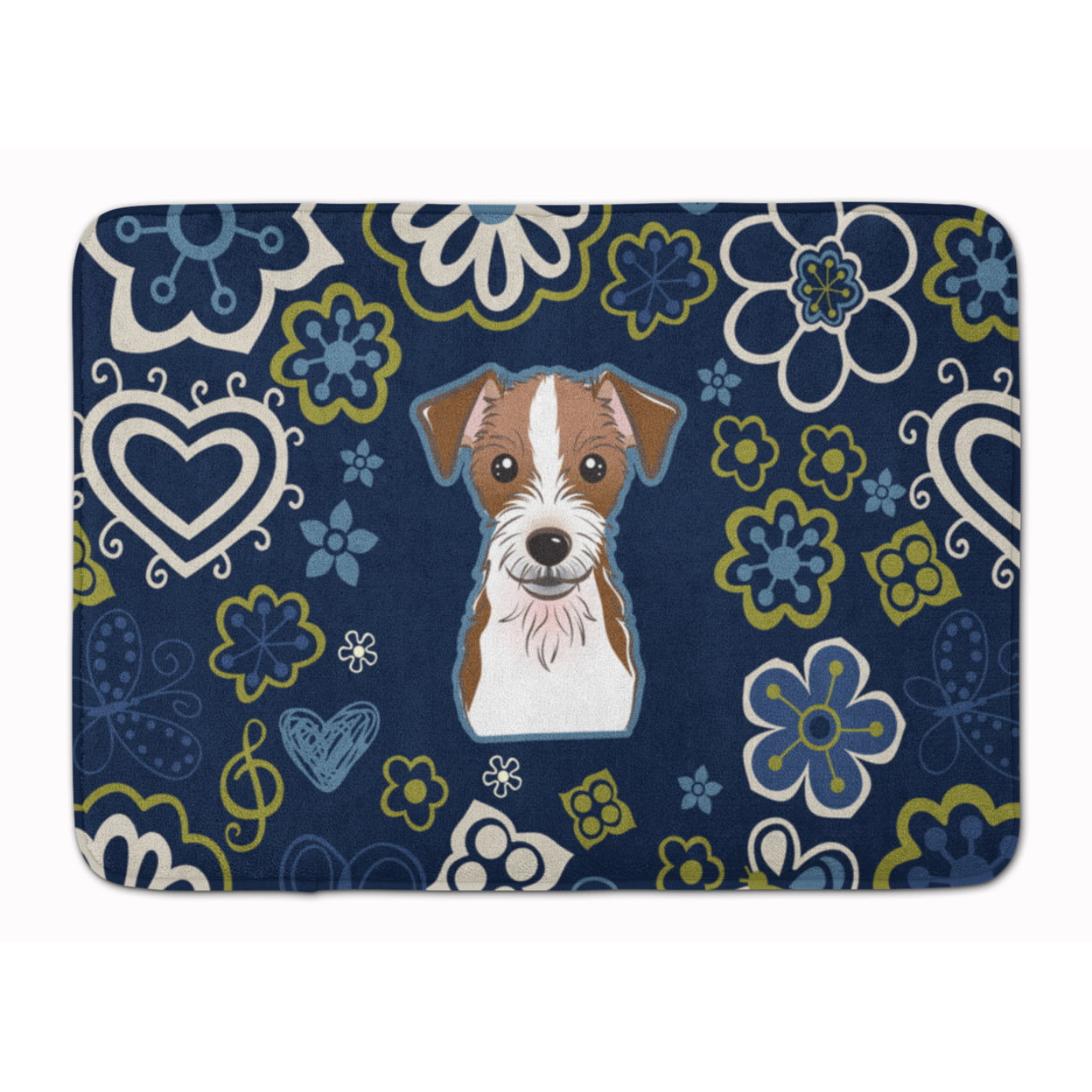 BB5053RUG Blue Flowers Jack Russell Terrier Machine Washable Memory Foam Mat