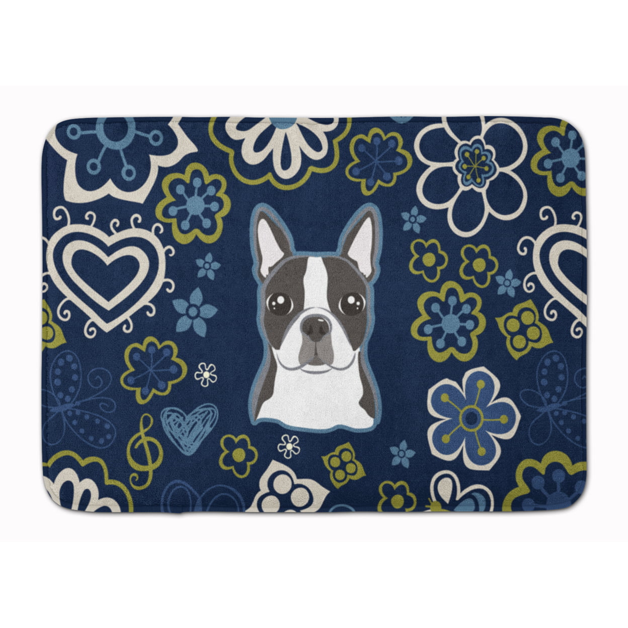 BB5054RUG Blue Flowers Boston Terrier Machine Washable Memory Foam Mat