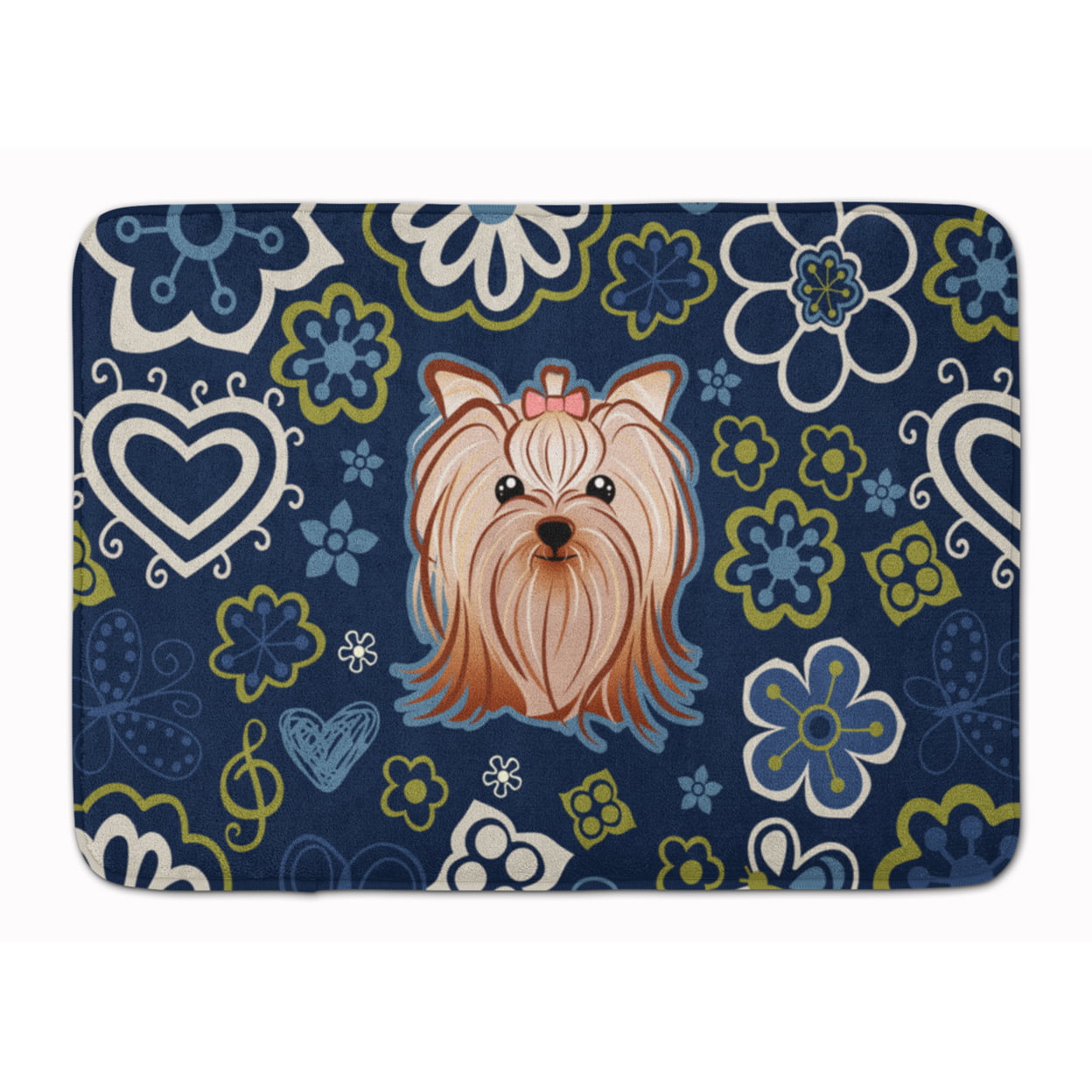 Blue Flowers Yorkie Yorkishire Terrier Machine Washable Memory Foam Mat