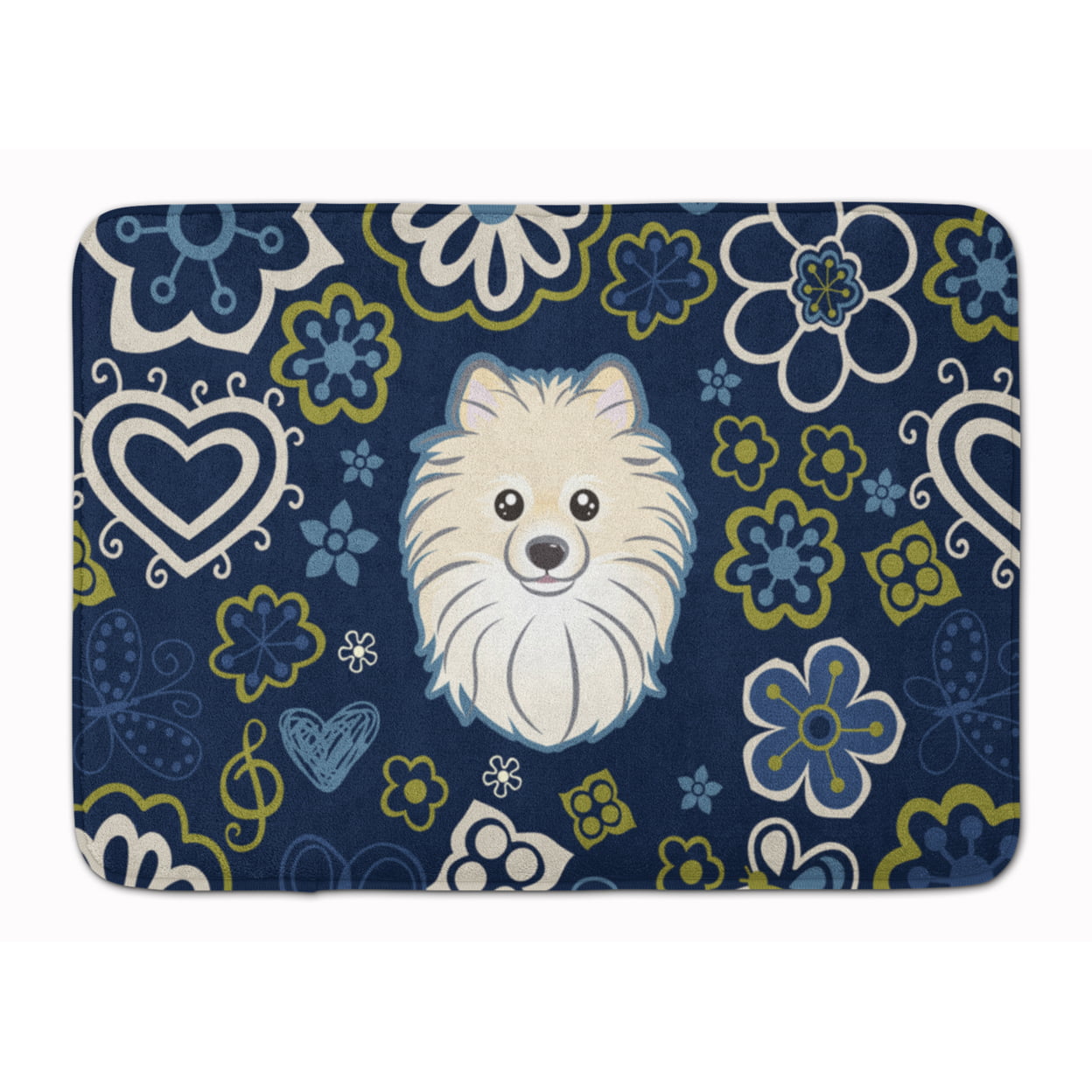 BB5058RUG Blue Flowers Pomeranian Machine Washable Memory Foam Mat