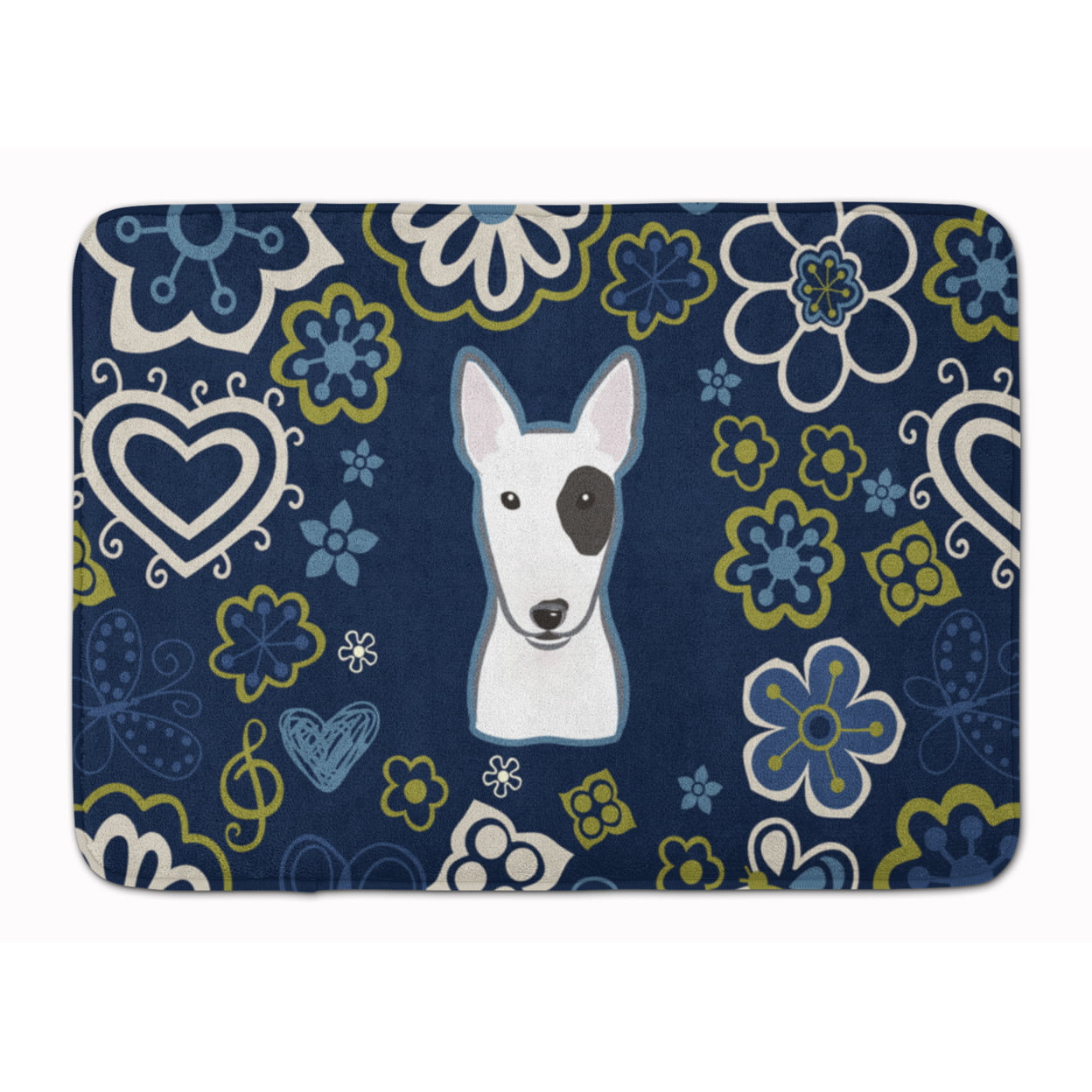 BB5060RUG Blue Flowers Bull Terrier Machine Washable Memory Foam Mat