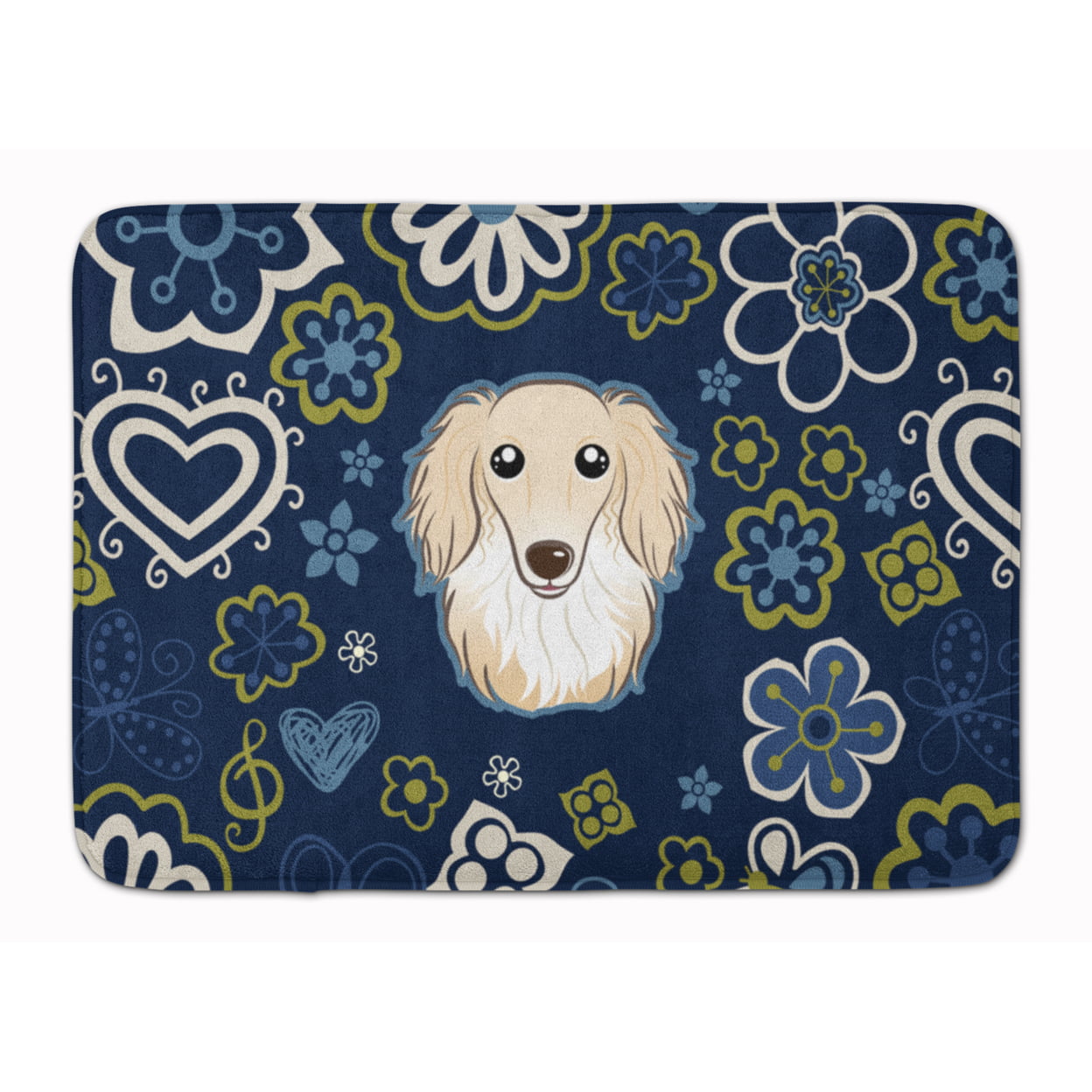 Blue Flowers Longhair Creme Dachshund Machine Washable Memory Foam Mat