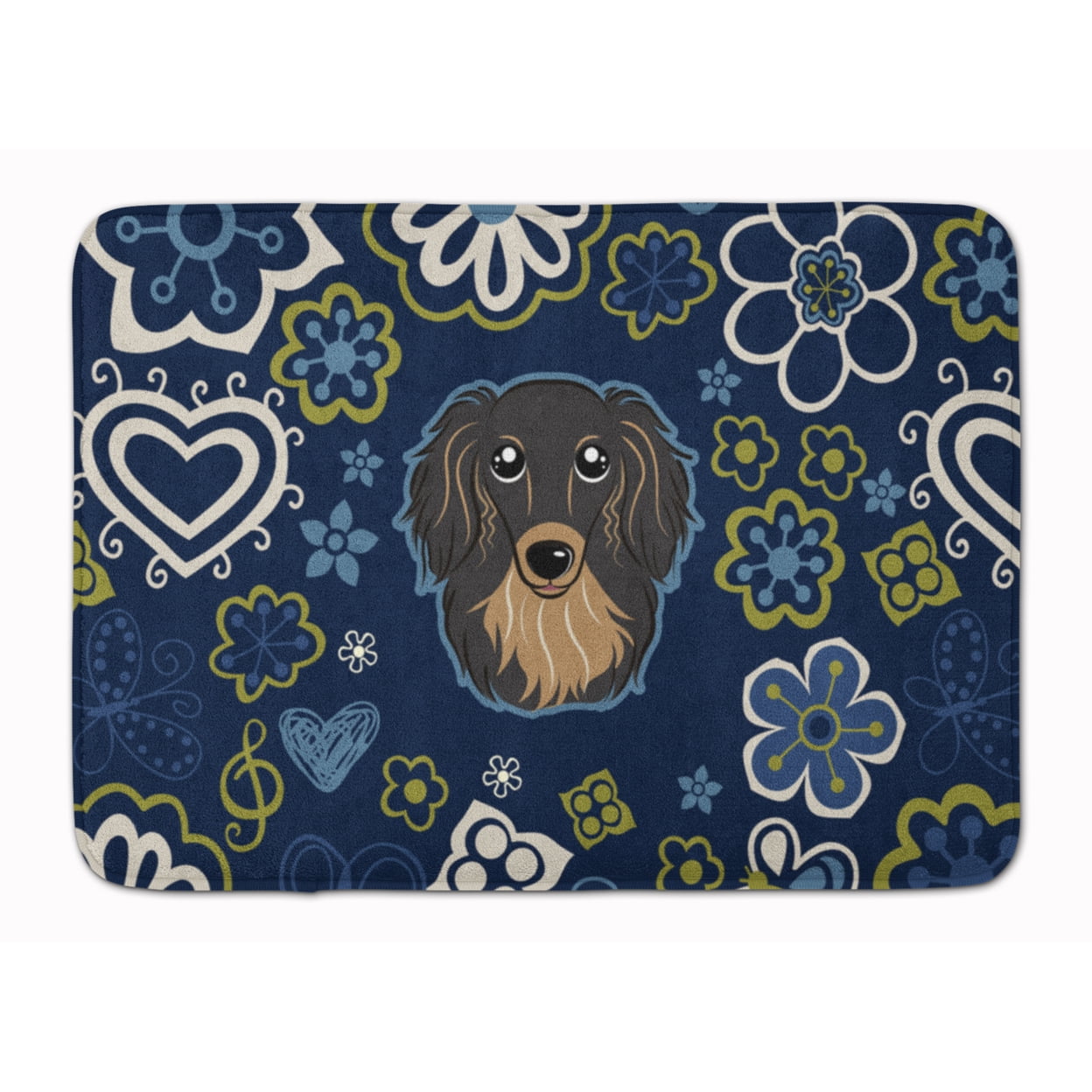 Blue Flowers Longhair Black & Tan Dachshund Machine Washable Memory Foam Mat