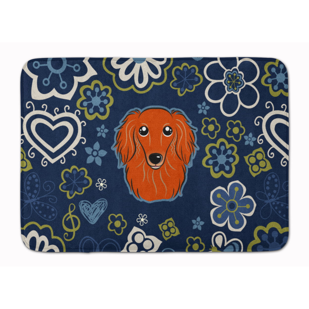 Blue Flowers Longhair Red Dachshund Machine Washable Memory Foam Mat