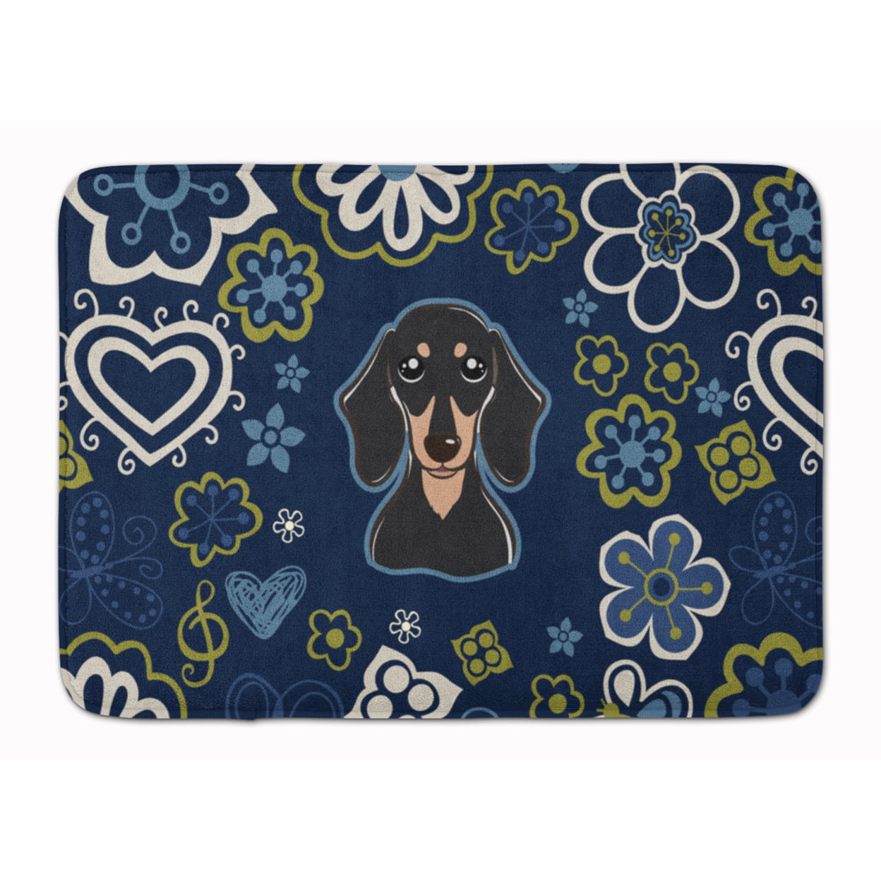 Blue Flowers Smooth Black & Tan Dachshund Machine Washable Memory Foam Mat