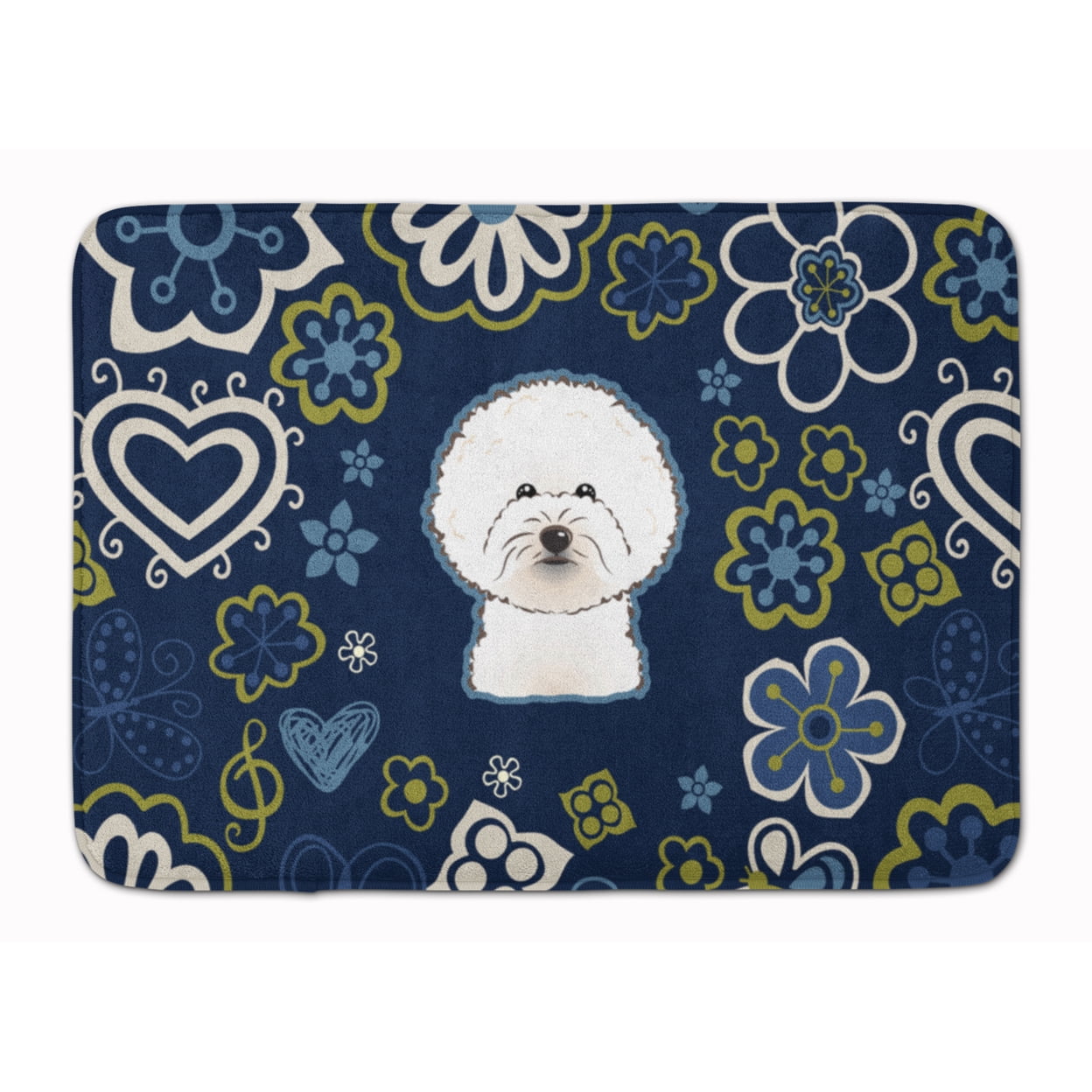 BB5068RUG Blue Flowers Bichon Frise Machine Washable Memory Foam Mat