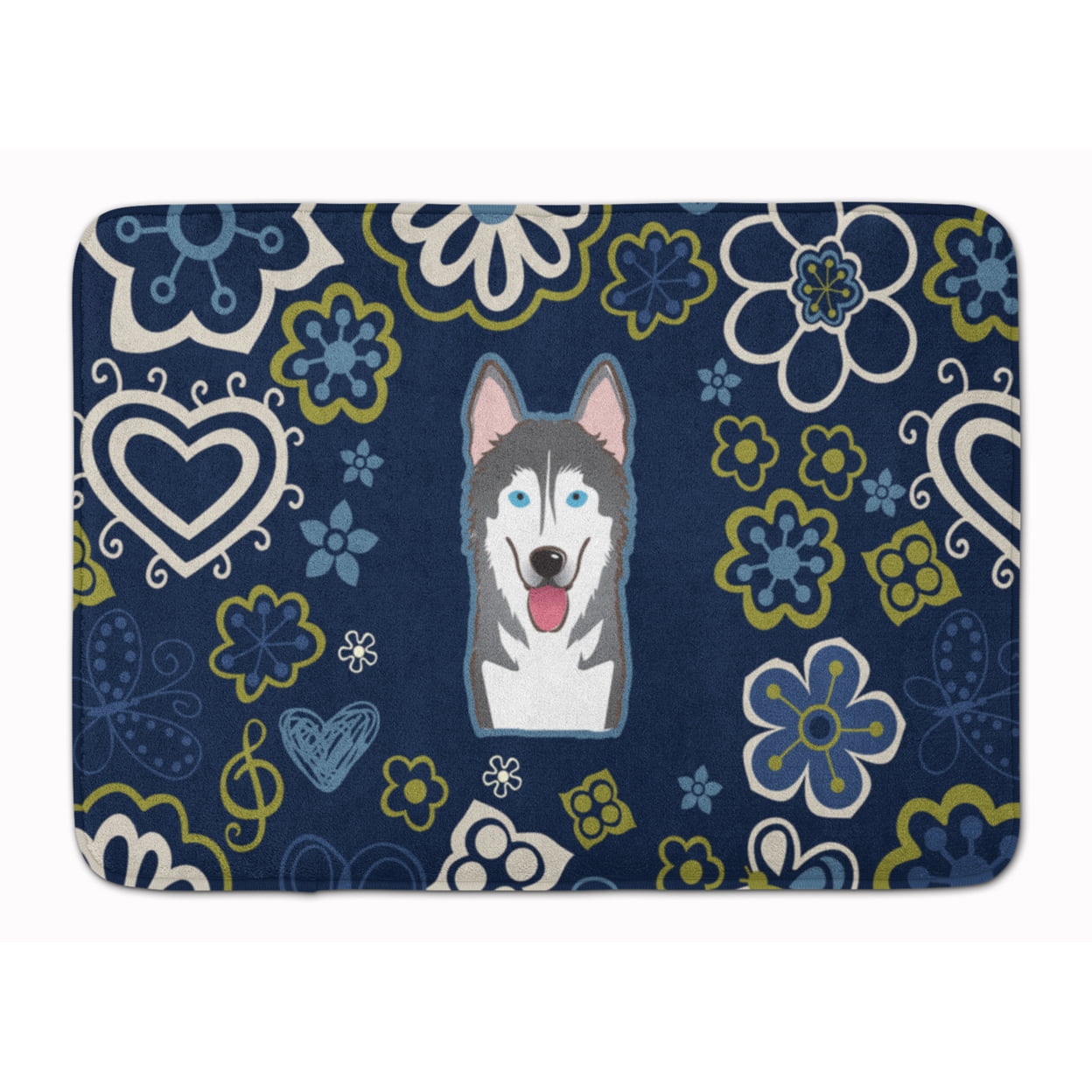 BB5069RUG Blue Flowers Alaskan Malamute Machine Washable Memory Foam Mat