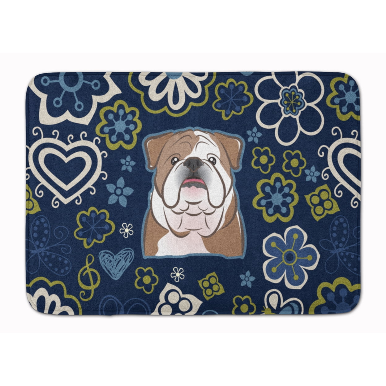 Blue Flowers English Bulldog Machine Washable Memory Foam Mat