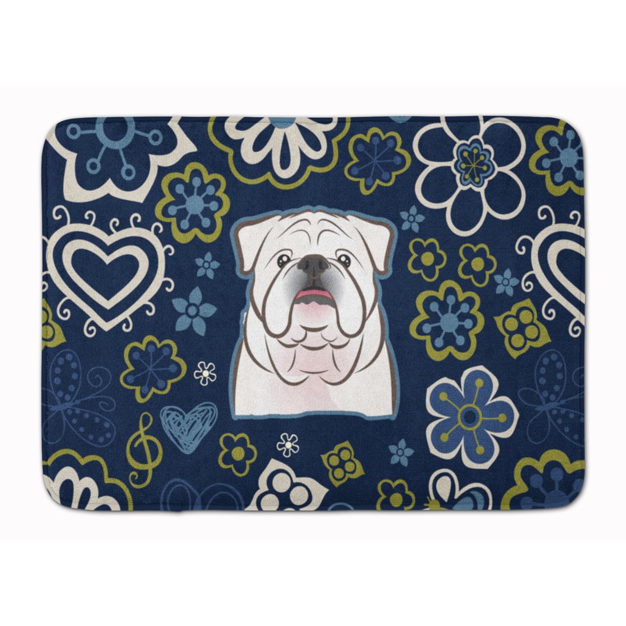 Blue Flowers White English Bulldog Machine Washable Memory Foam Mat