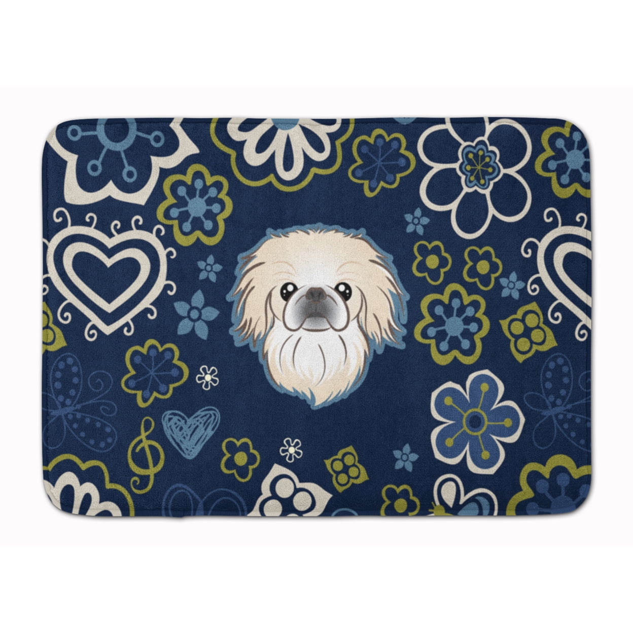BB5072RUG Blue Flowers Pekingese Machine Washable Memory Foam Mat
