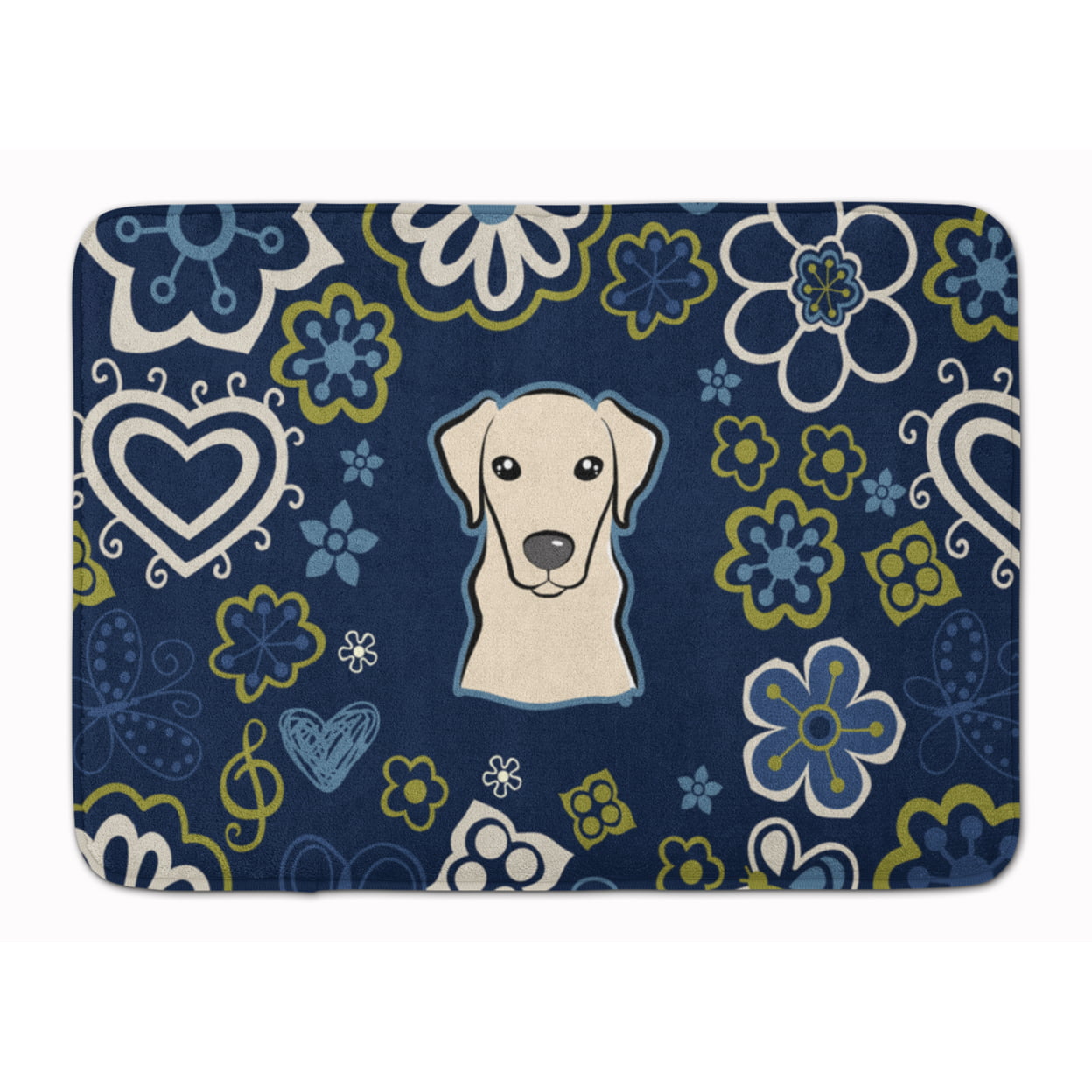 BB5073RUG Blue Flowers Yellow Labrador Machine Washable Memory Foam Mat