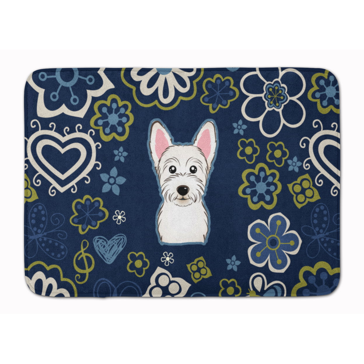 Blue Flowers Westie Machine Washable Memory Foam Mat