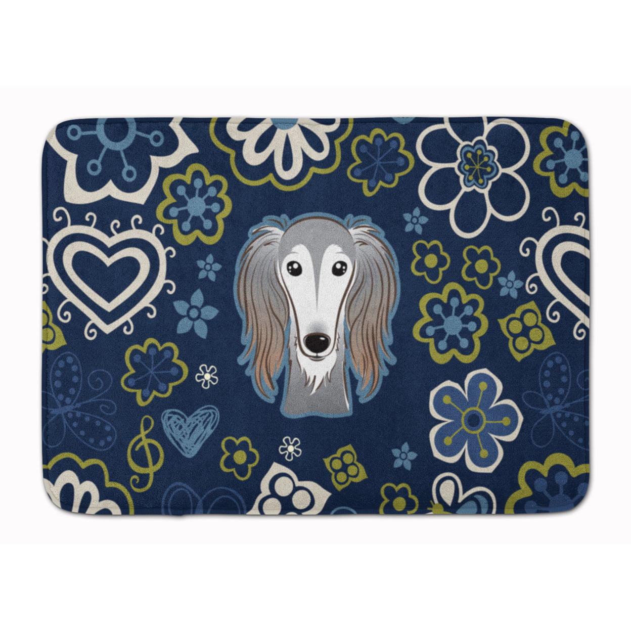 BB5080RUG Blue Flowers Saluki Machine Washable Memory Foam Mat