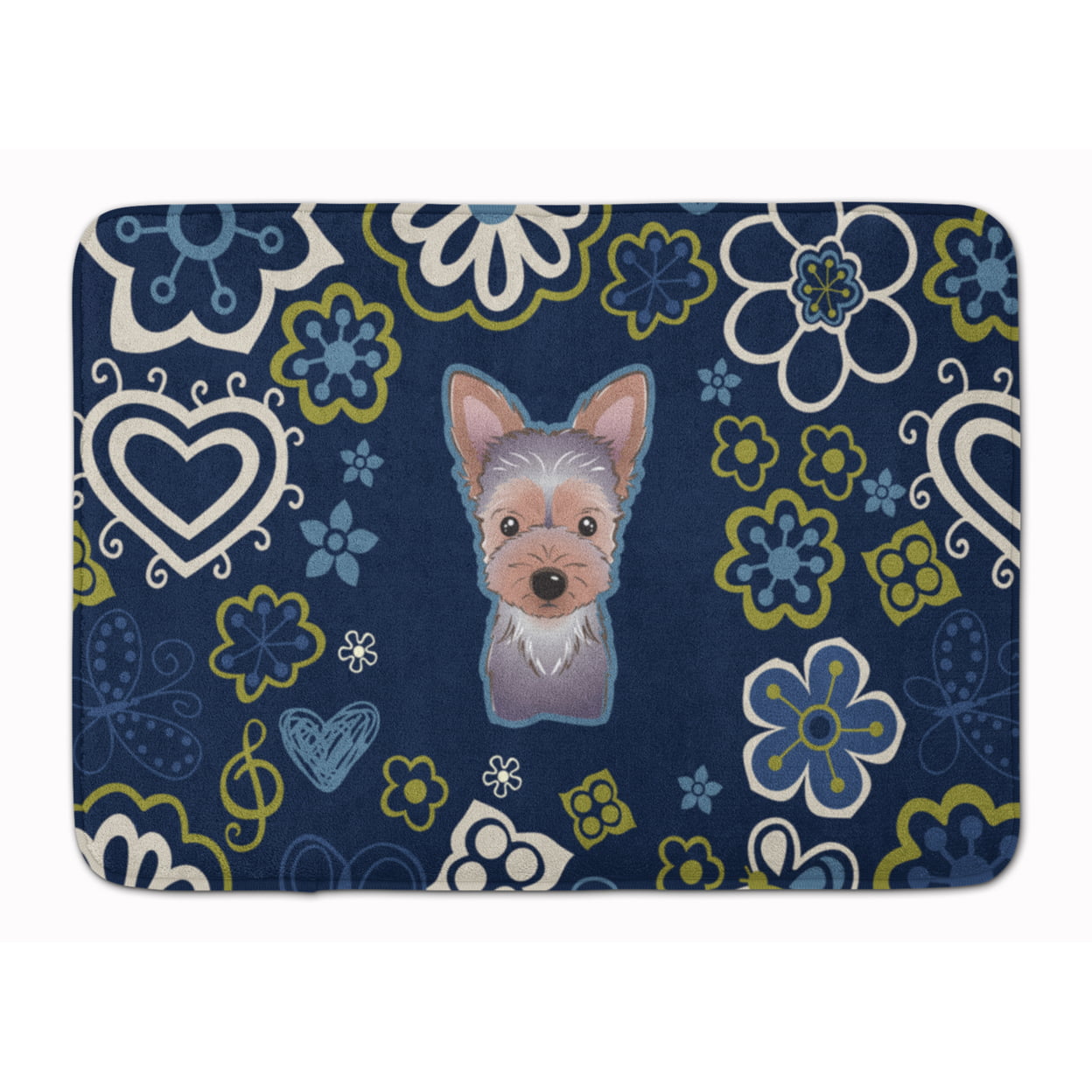 Blue Flowers Yorkie Puppy Machine Washable Memory Foam Mat
