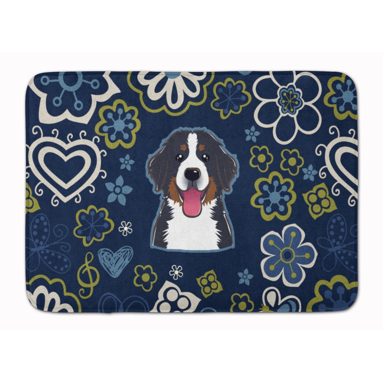 Blue Flowers Bernese Mountain Dog Machine Washable Memory Foam Mat