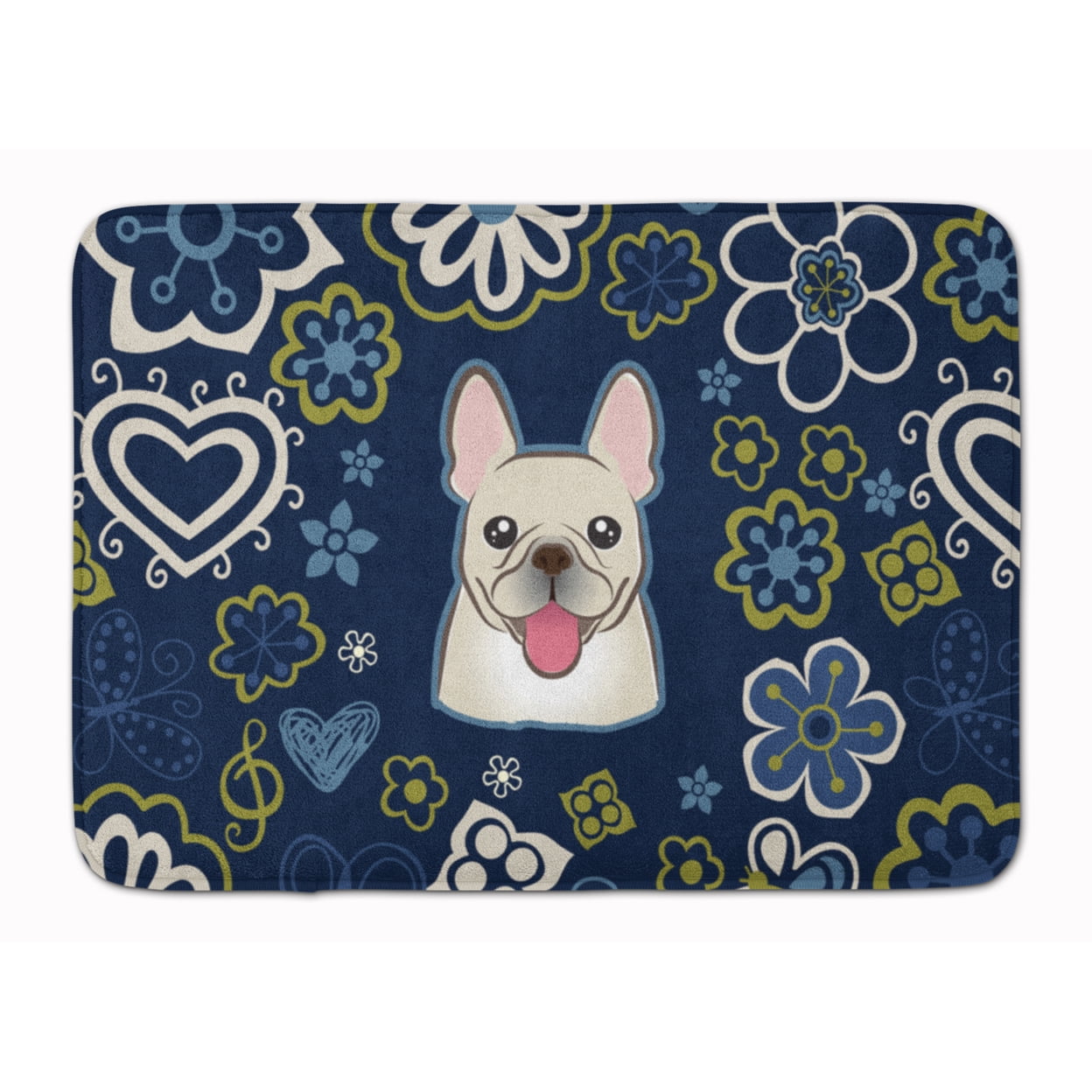 Blue Flowers French Bulldog Machine Washable Memory Foam Mat