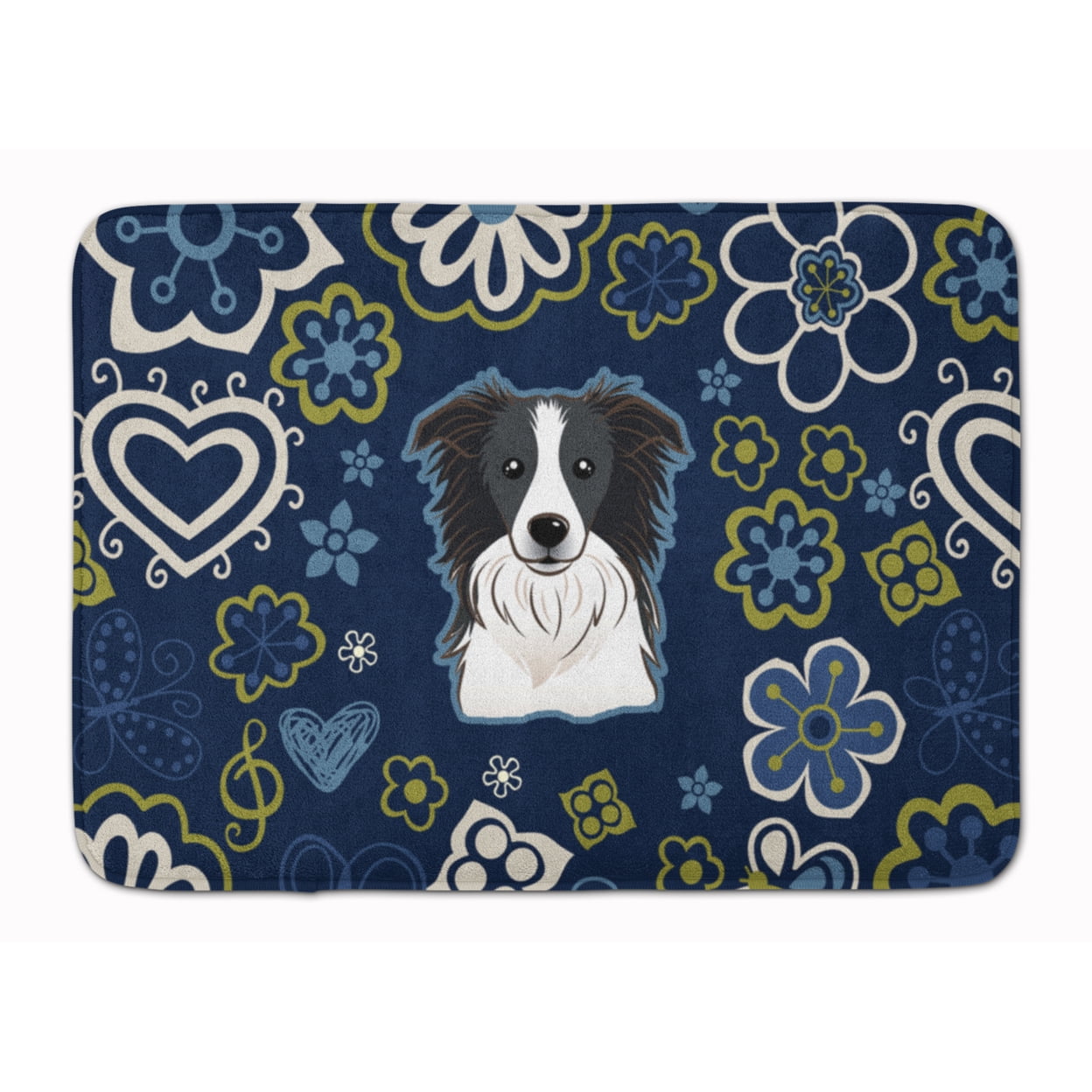 BB5092RUG Blue Flowers Border Collie Machine Washable Memory Foam Mat