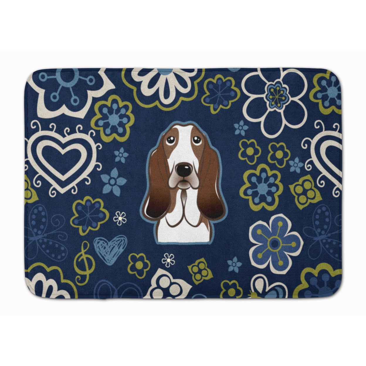 Blue Flowers Basset Hound Machine Washable Memory Foam Mat