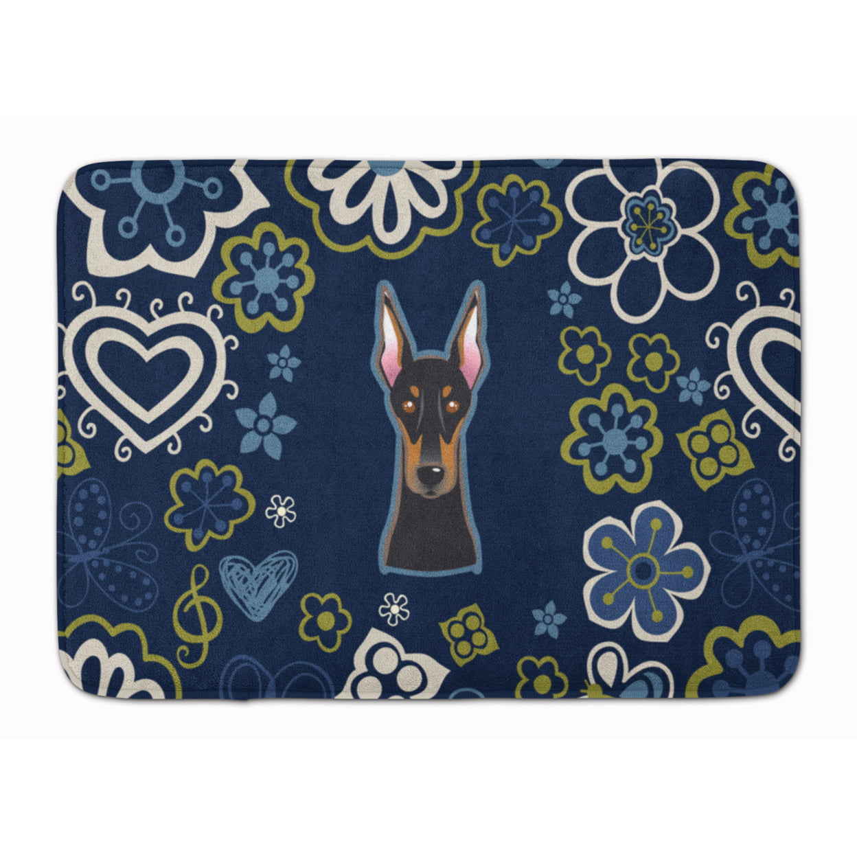 BB5096RUG Blue Flowers Doberman Pinscher Machine Washable Memory Foam Mat