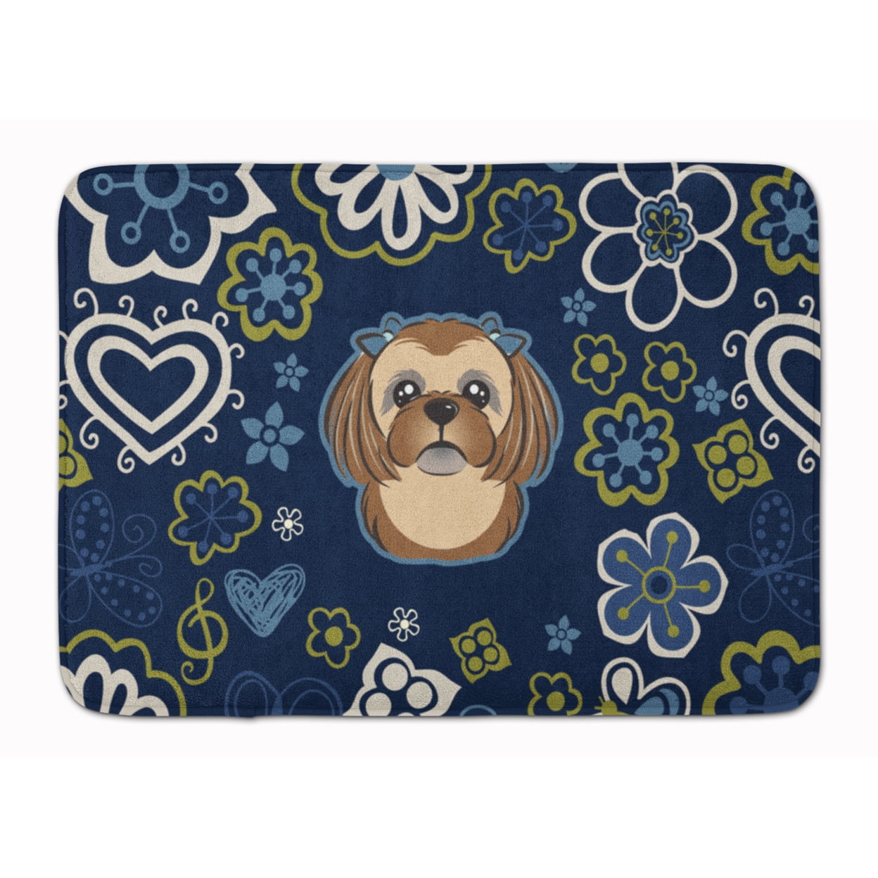 Blue Flowers Chocolate Brown Shih Tzu Machine Washable Memory Foam Mat