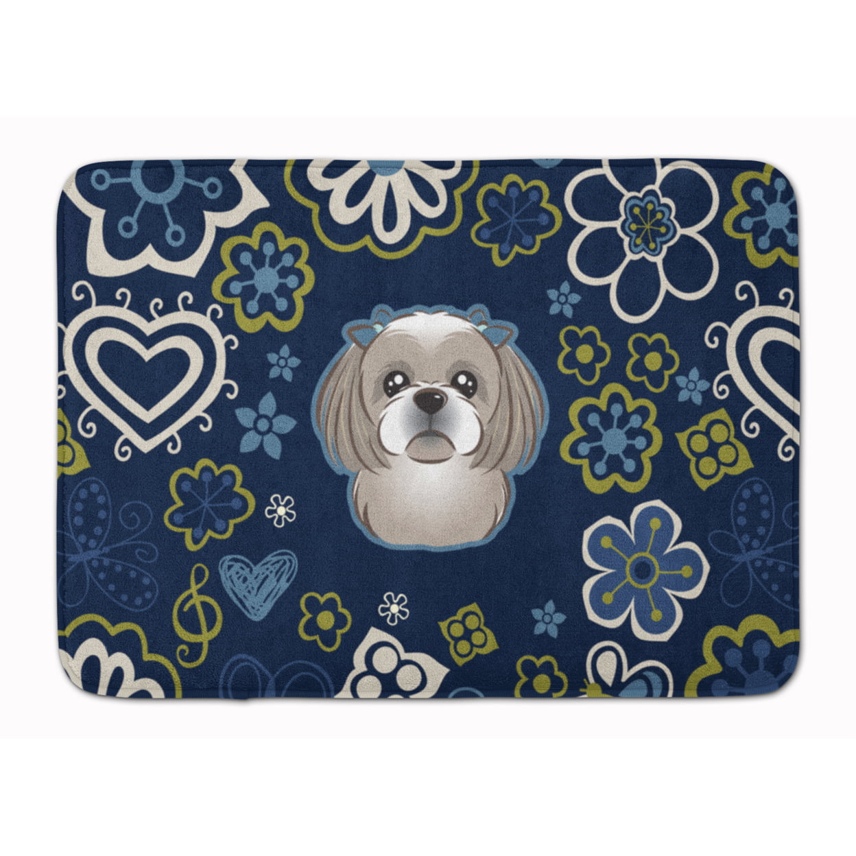 Blue Flowers Gray Silver Shih Tzu Machine Washable Memory Foam Mat