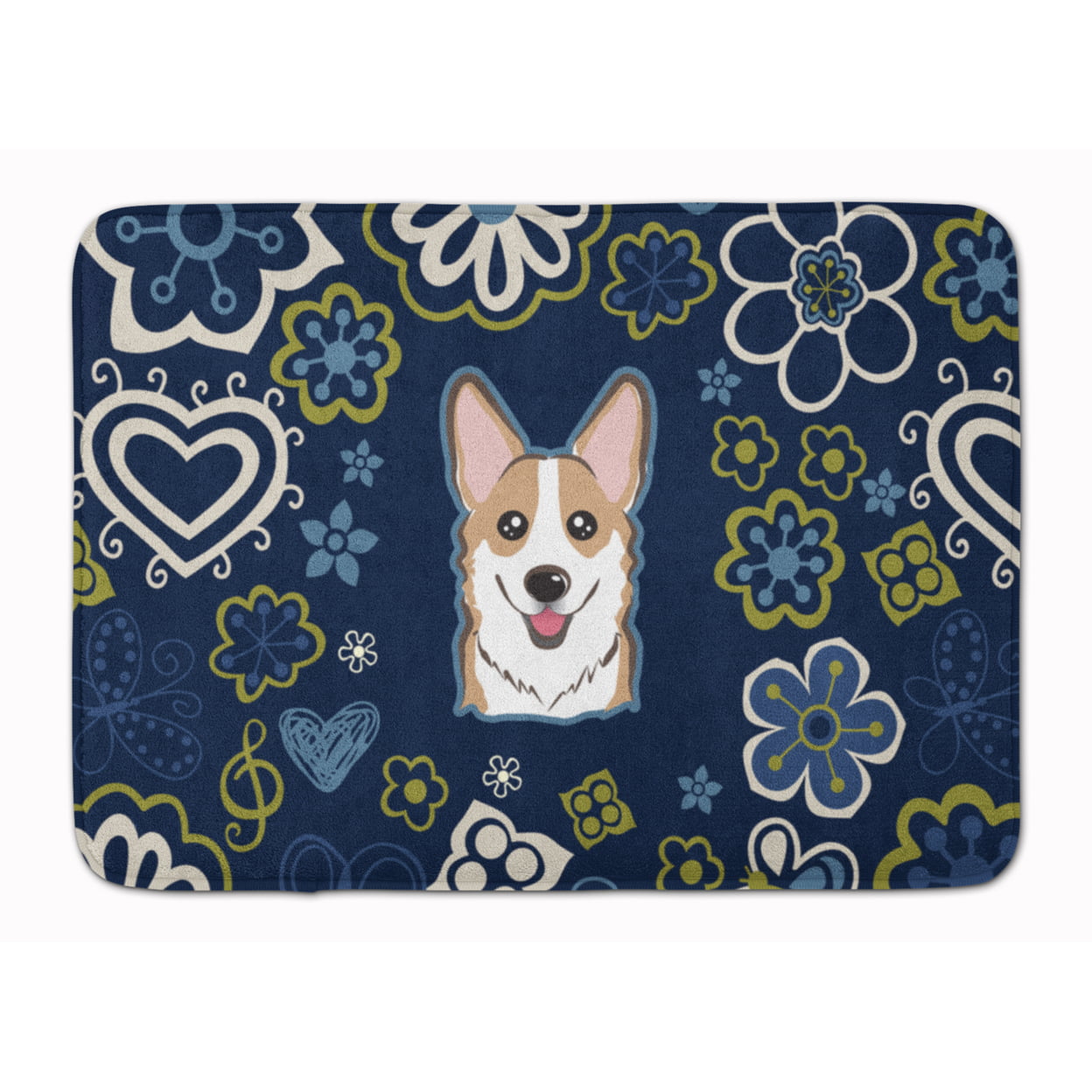 BB5104RUG Blue Flowers Sable Corgi Machine Washable Memory Foam Mat