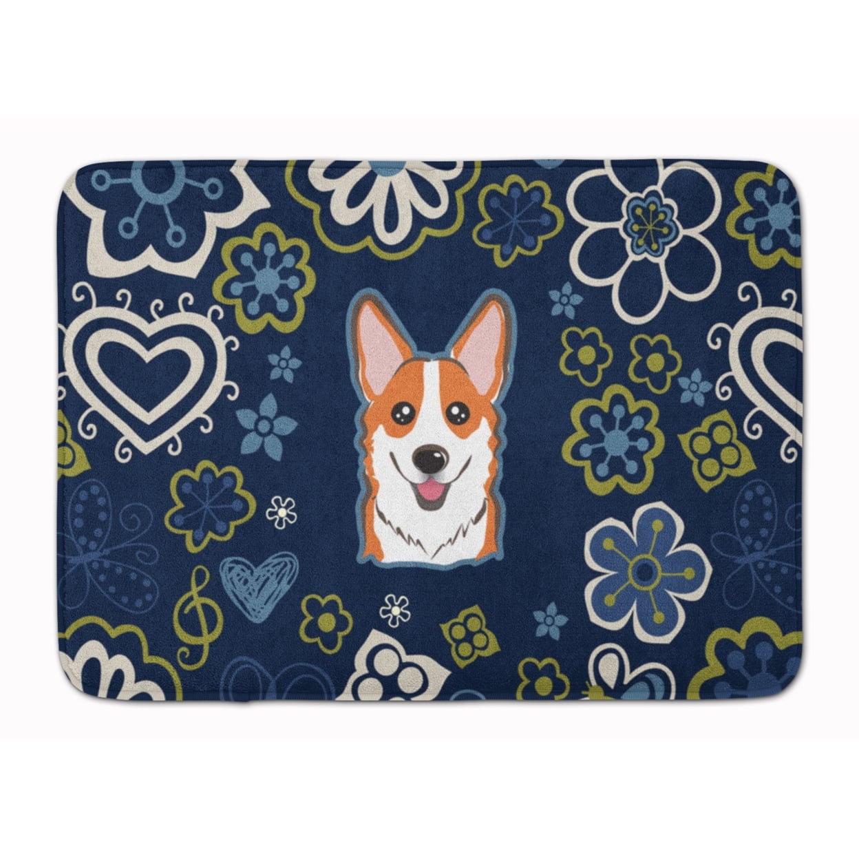 BB5105RUG Blue Flowers Red Corgi Machine Washable Memory Foam Mat
