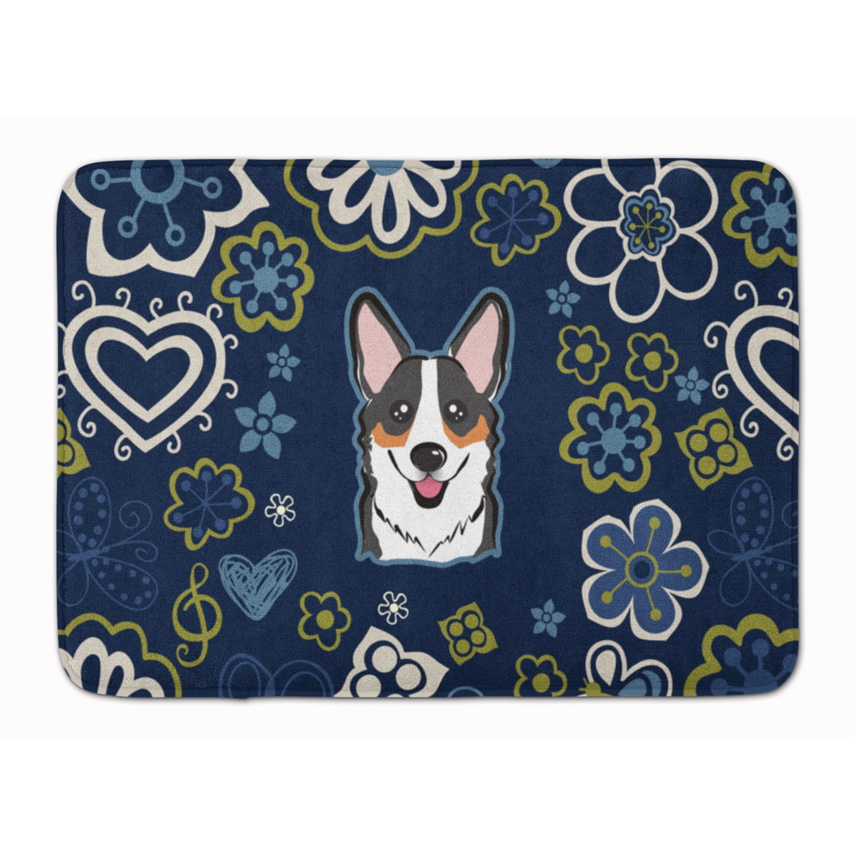 Picture of Carolines Treasures BB5106RUG Blue Flowers Tricolor Corgi Machine Washable Memory Foam Mat