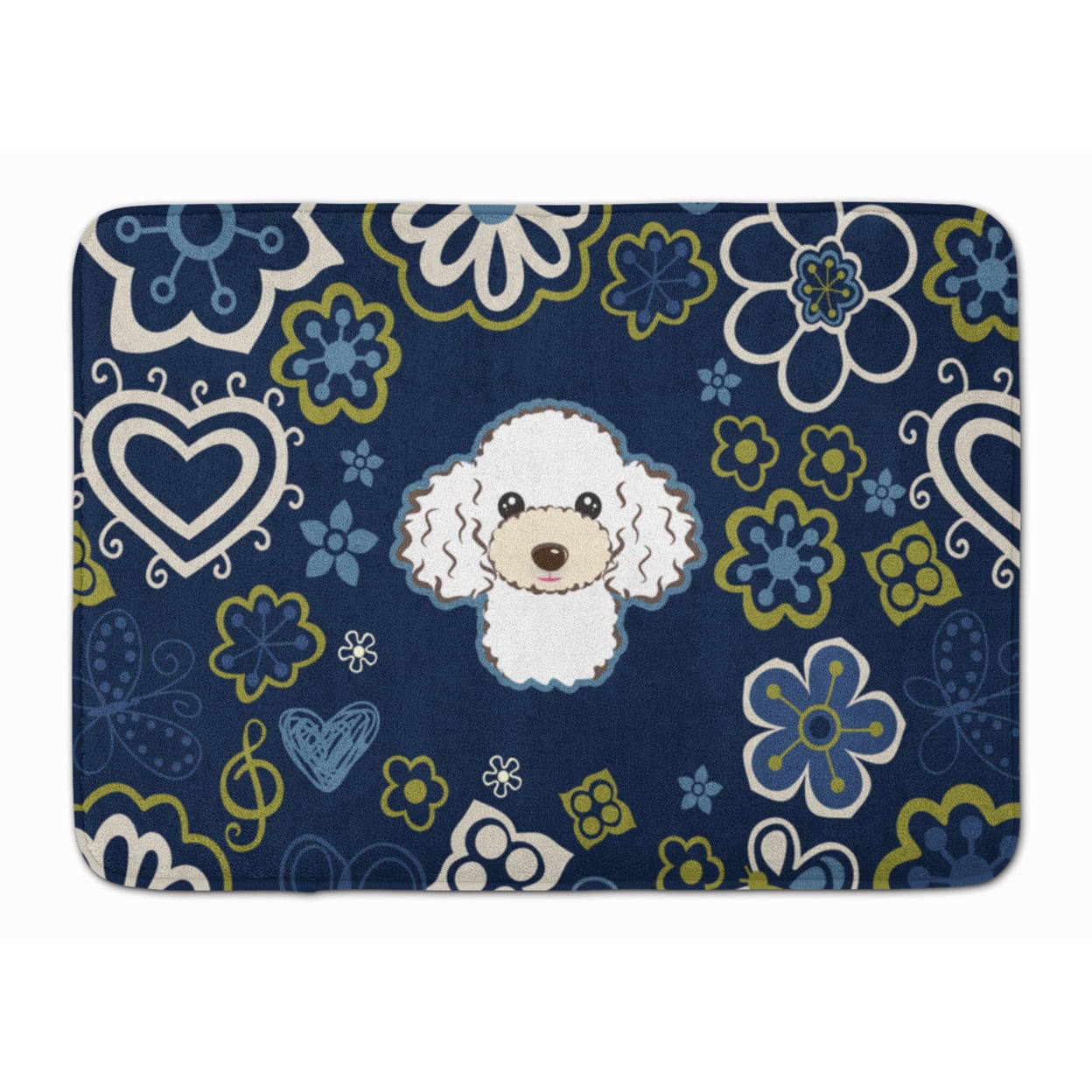 BB5108RUG Blue Flowers White Poodle Machine Washable Memory Foam Mat