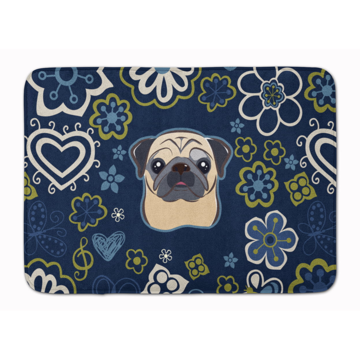 Blue Flowers Fawn Pug Machine Washable Memory Foam Mat
