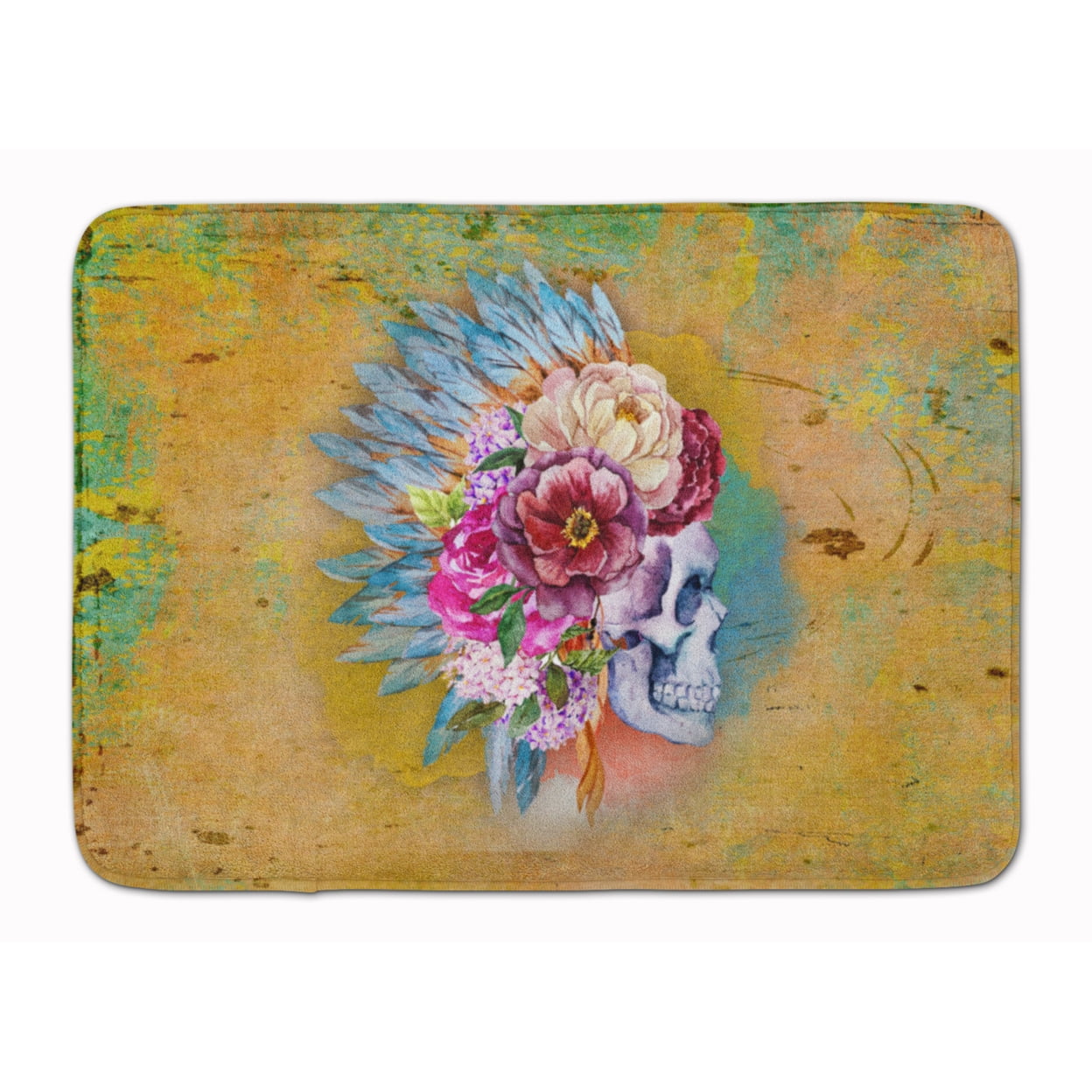 BB5129RUG Day of the Dead Flowers Skull Machine Washable Memory Foam Mat