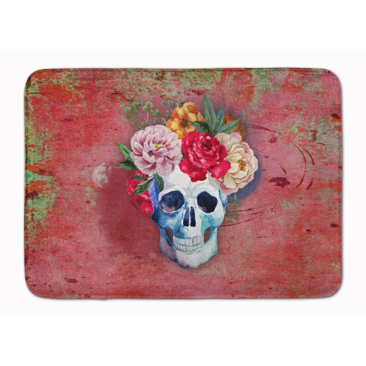 BB5130RUG Day of the Dead Red Flowers Skull Machine Washable Memory Foam Mat