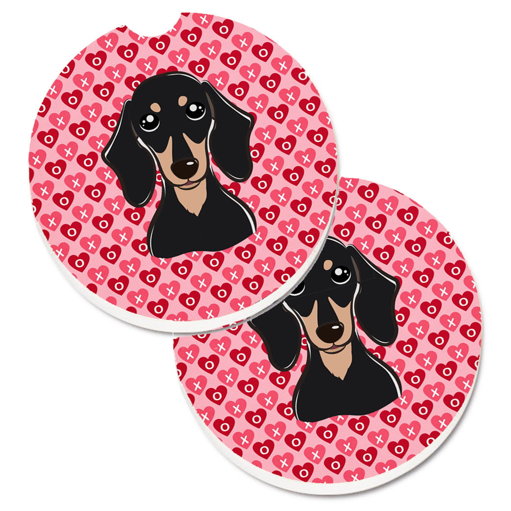 Smooth Black & Tan Dachshund Hearts Cup Holder Car Coasters - Set of 2