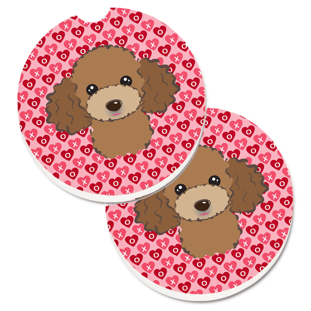 Chocolate Brown Poodle Hearts Cup Holder Car Coasters - Set of 2