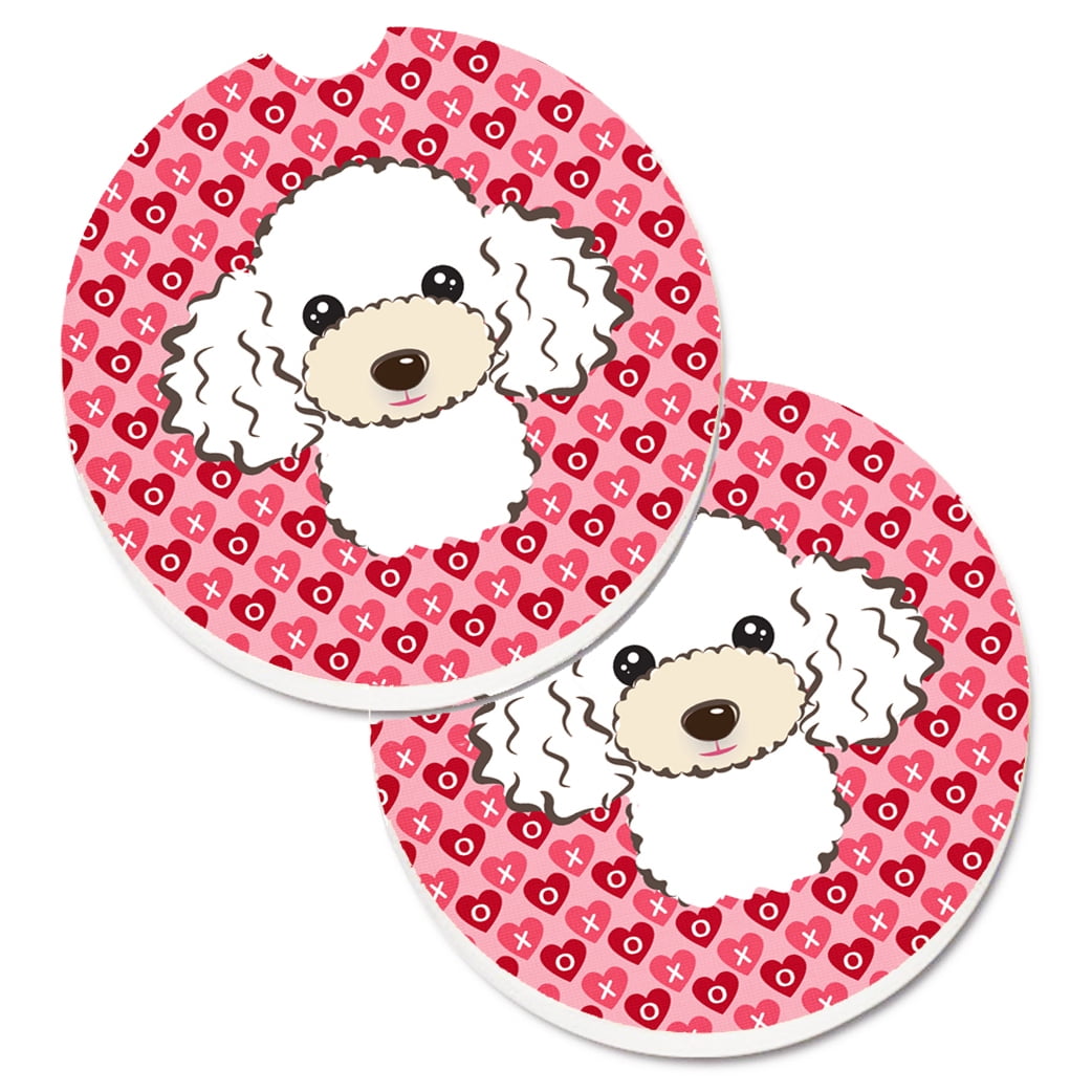 White Poodle Hearts Cup Holder Car Coasters - Set of 2