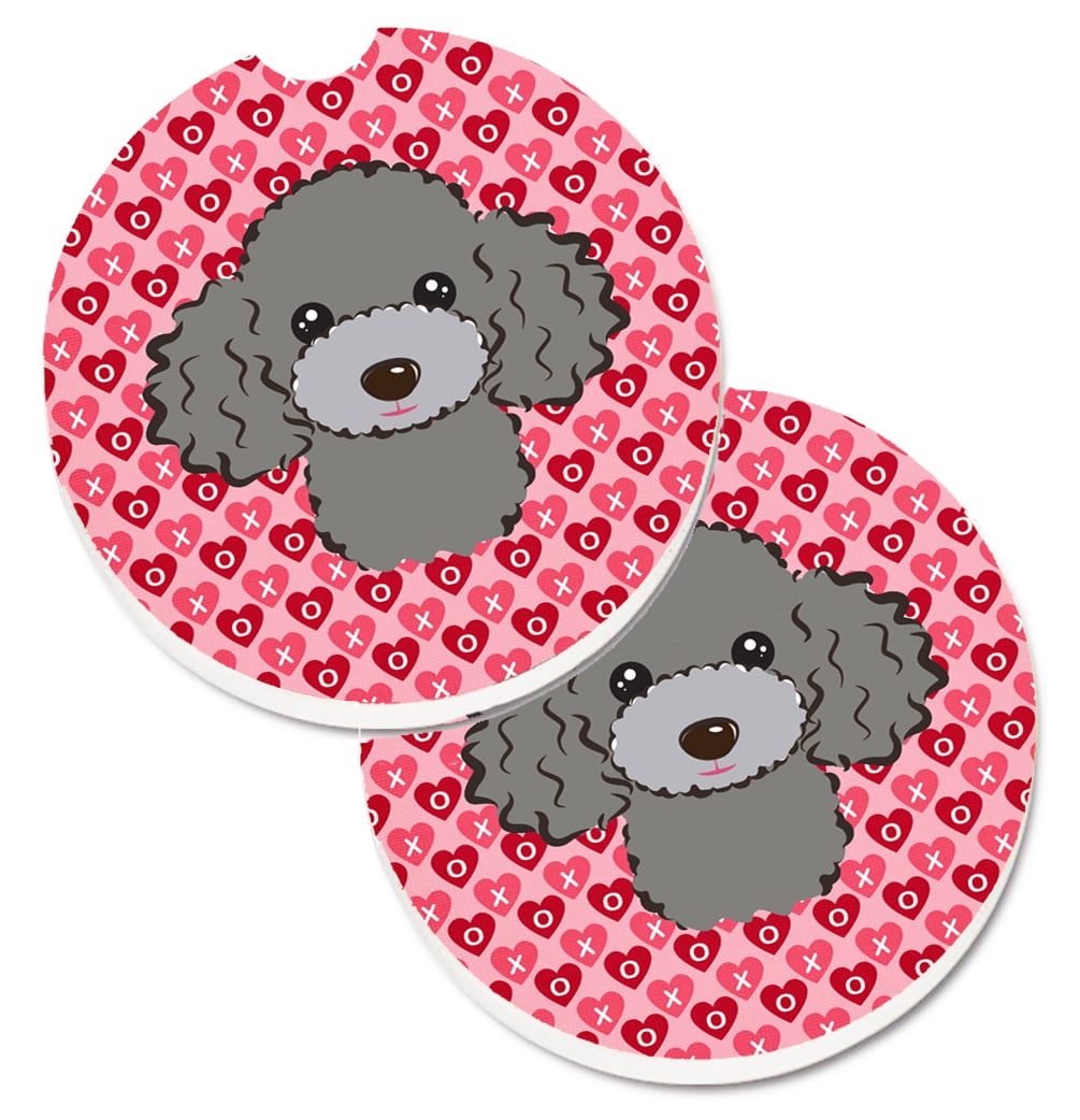 Silver Gray Poodle Hearts Cup Holder Car Coasters - Set of 2