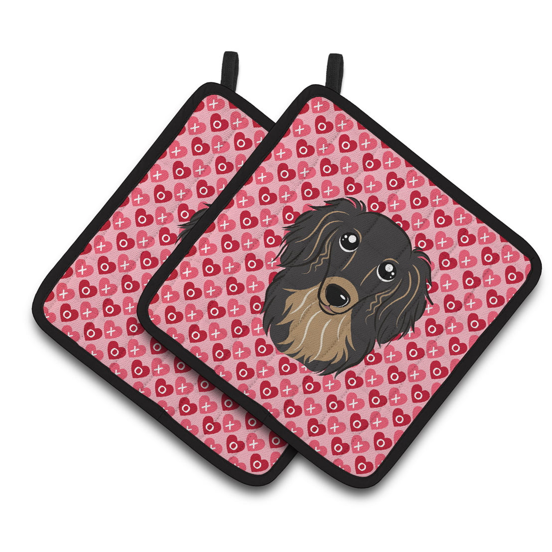 BB5283PTHD Longhair Black & Tan Dachshund Hearts Pair of Pot Holders