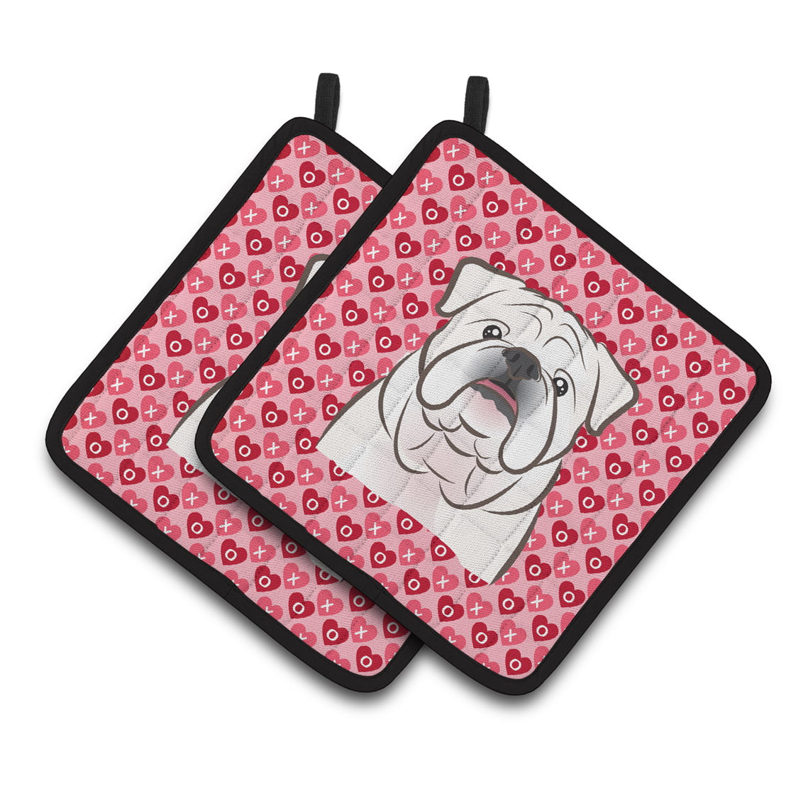 White English Bulldog Hearts Pair of Pot Holders